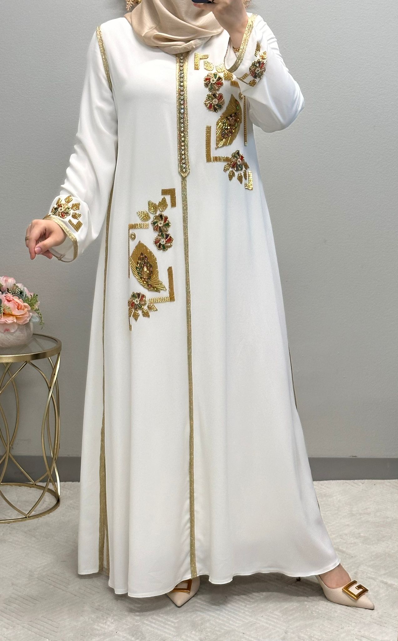 Golden Flower Embroidered Moroccan Abaya