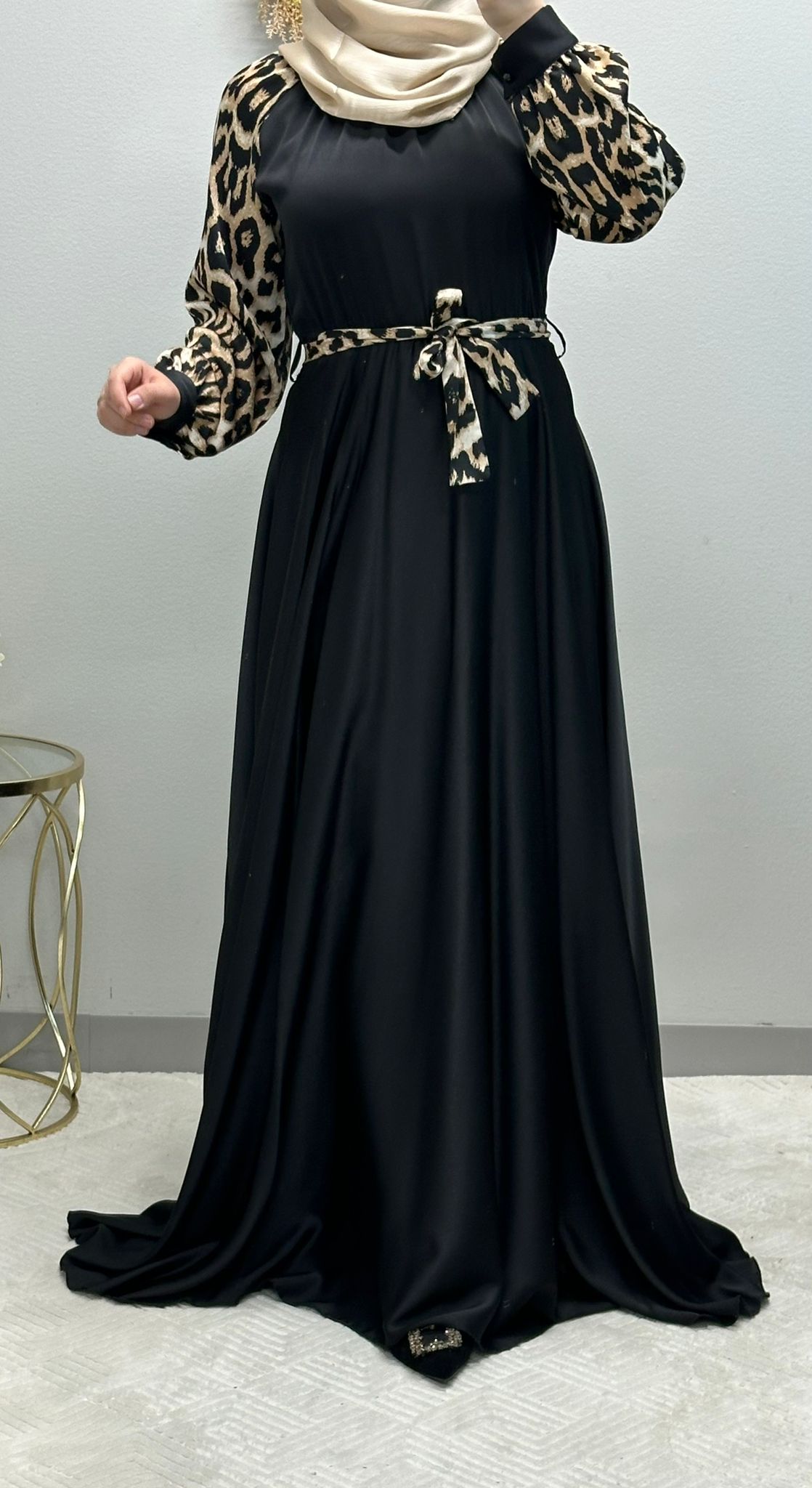 Maxi Stain klosh dress in black and tiger print.