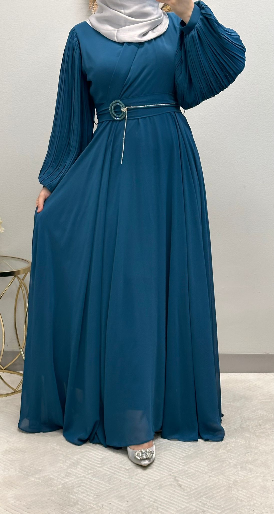 Elegant Chiffon Klosh Dress: Pleated Balloon Sleeves