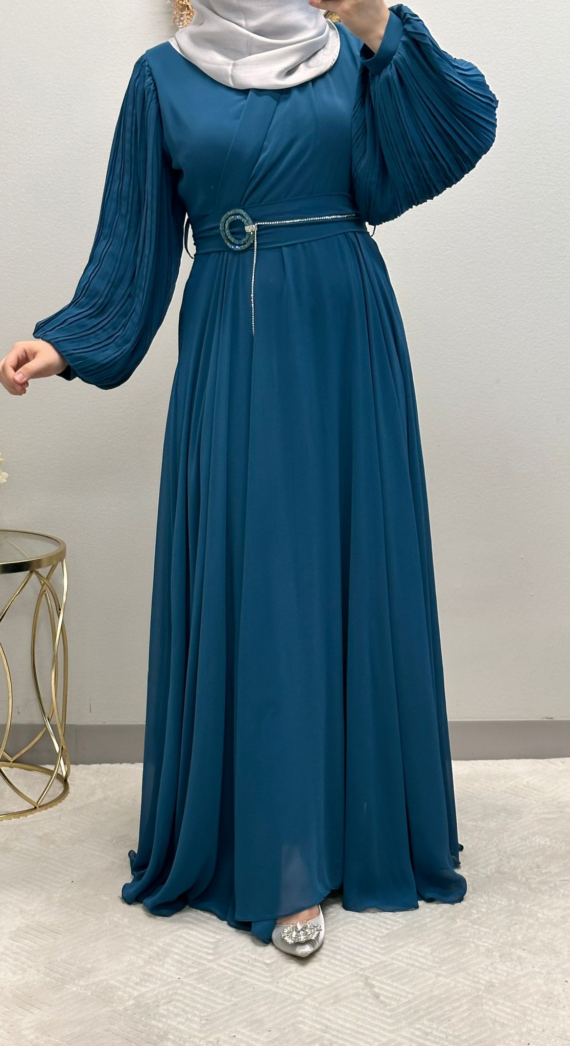 Elegant Chiffon Klosh Dress: Pleated Balloon Sleeves