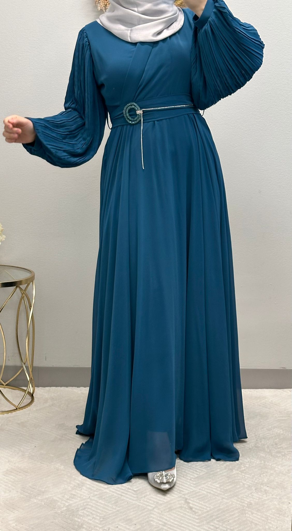 Elegant Chiffon Klosh Dress: Pleated Balloon Sleeves