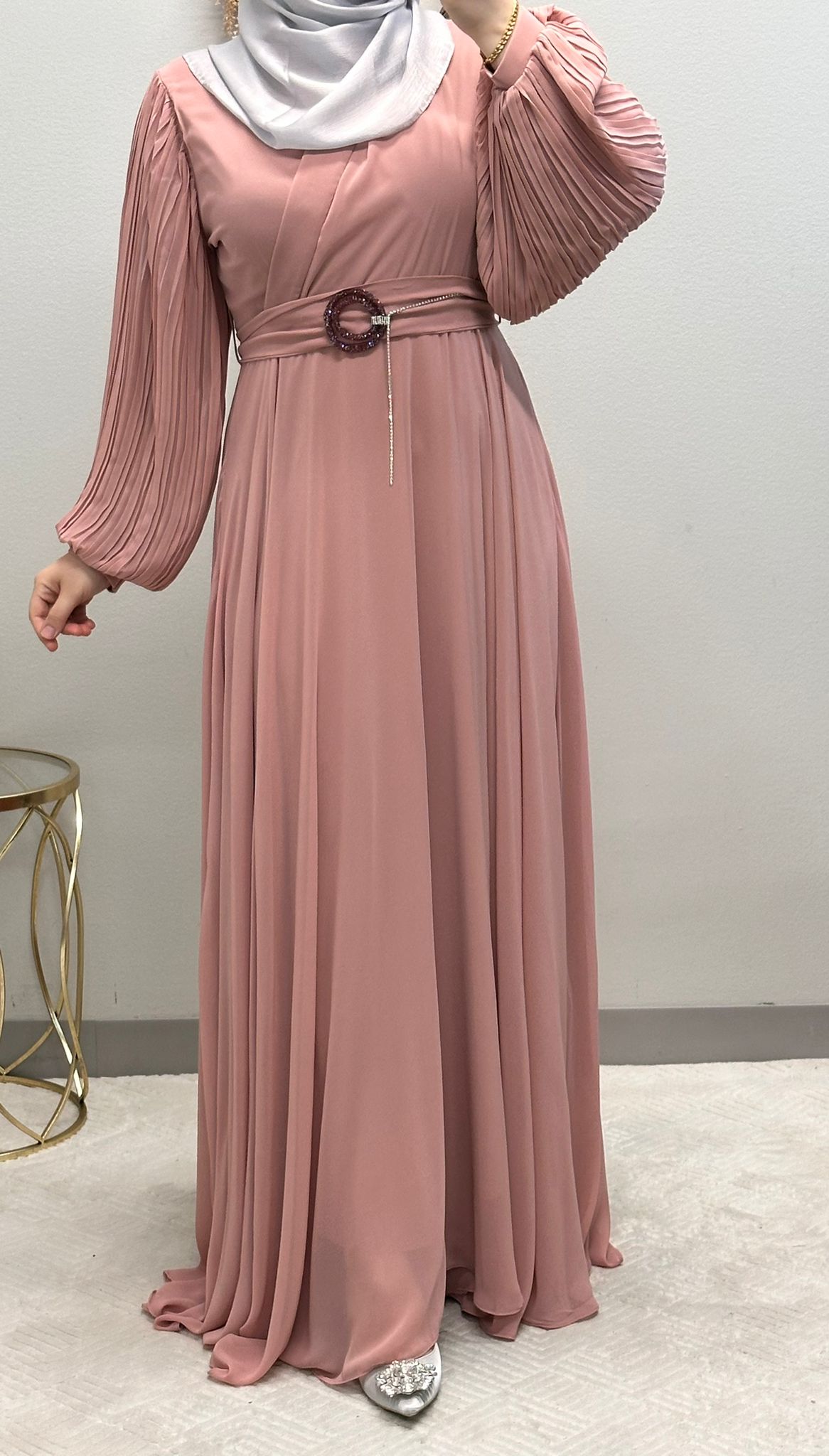 Elegant Chiffon Klosh Dress: Pleated Balloon Sleeves