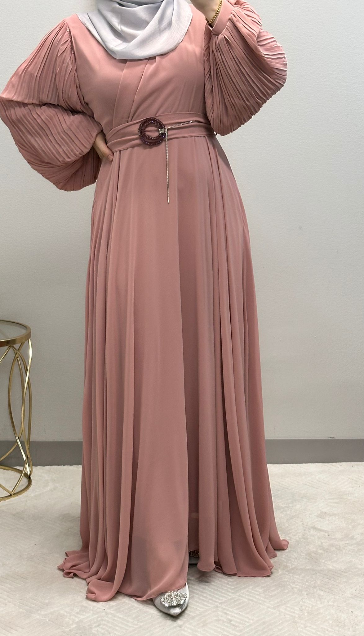 Elegant Chiffon Klosh Dress: Pleated Balloon Sleeves