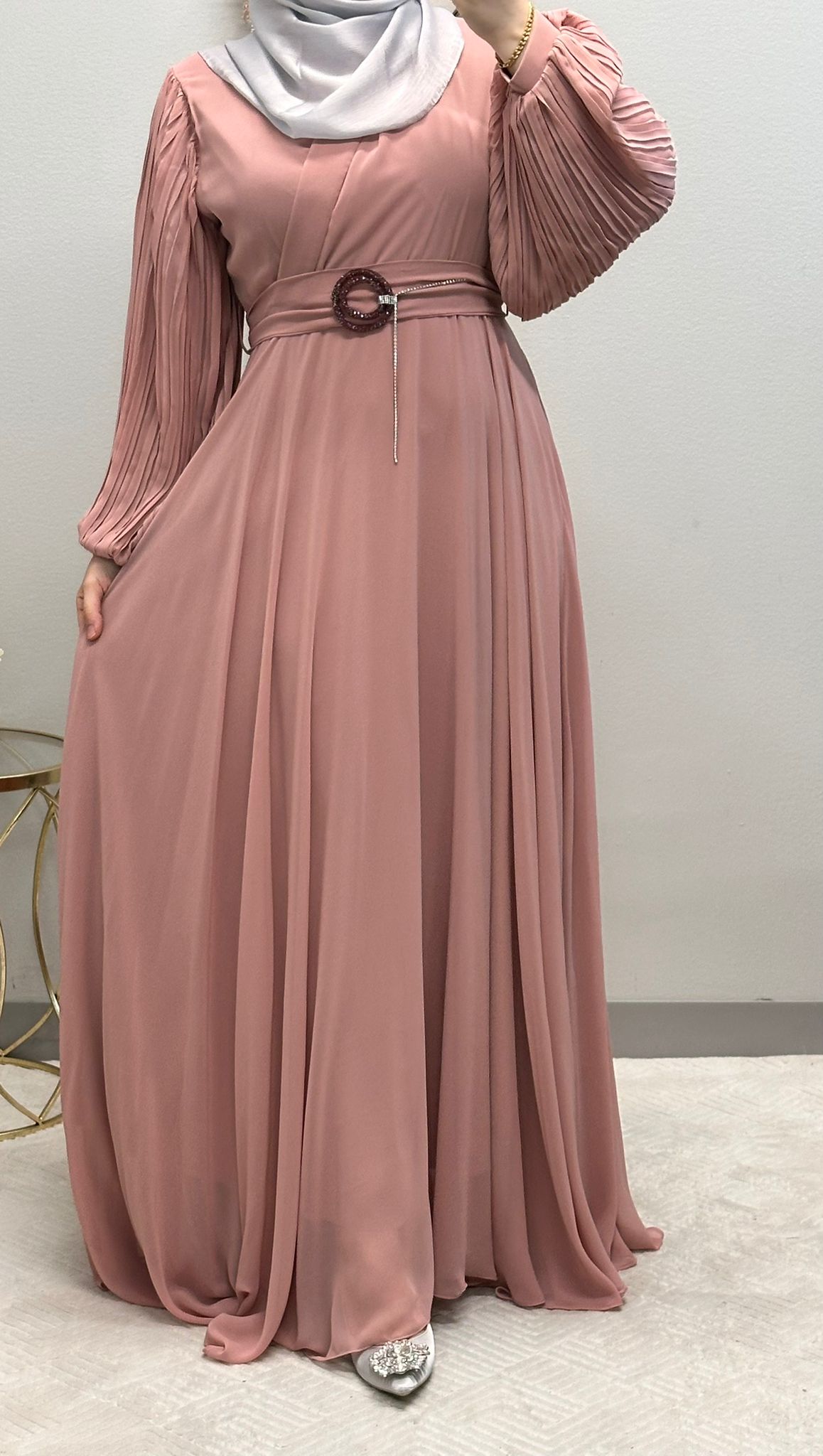 Elegant Chiffon Klosh Dress: Pleated Balloon Sleeves