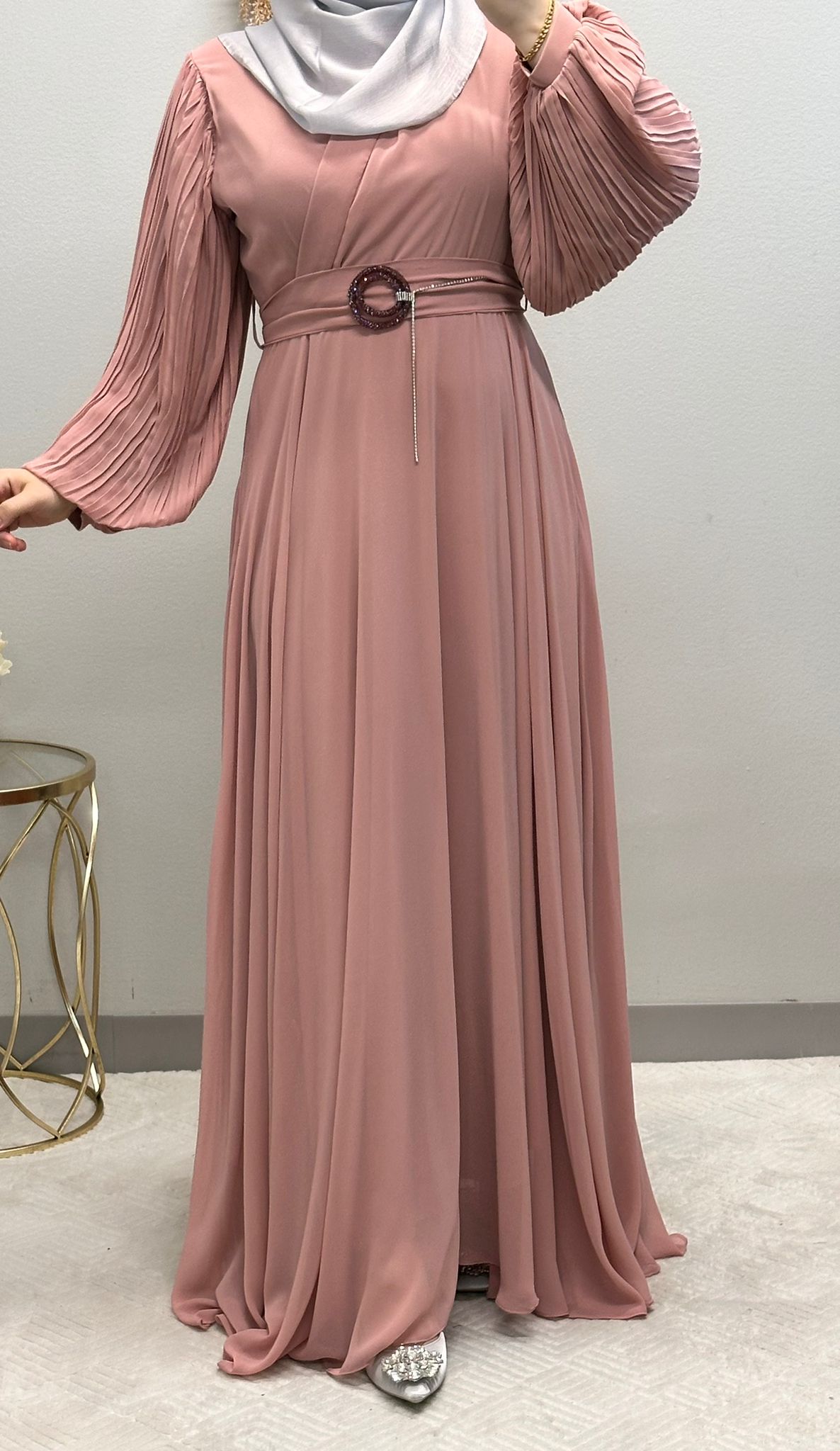 Elegant Chiffon Klosh Dress: Pleated Balloon Sleeves