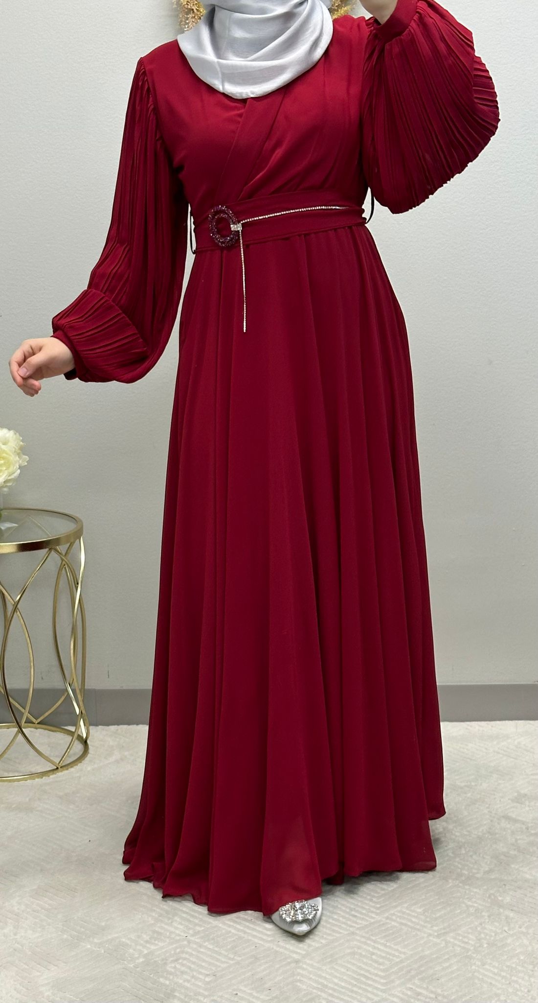 Elegant Chiffon Klosh Dress: Pleated Balloon Sleeves