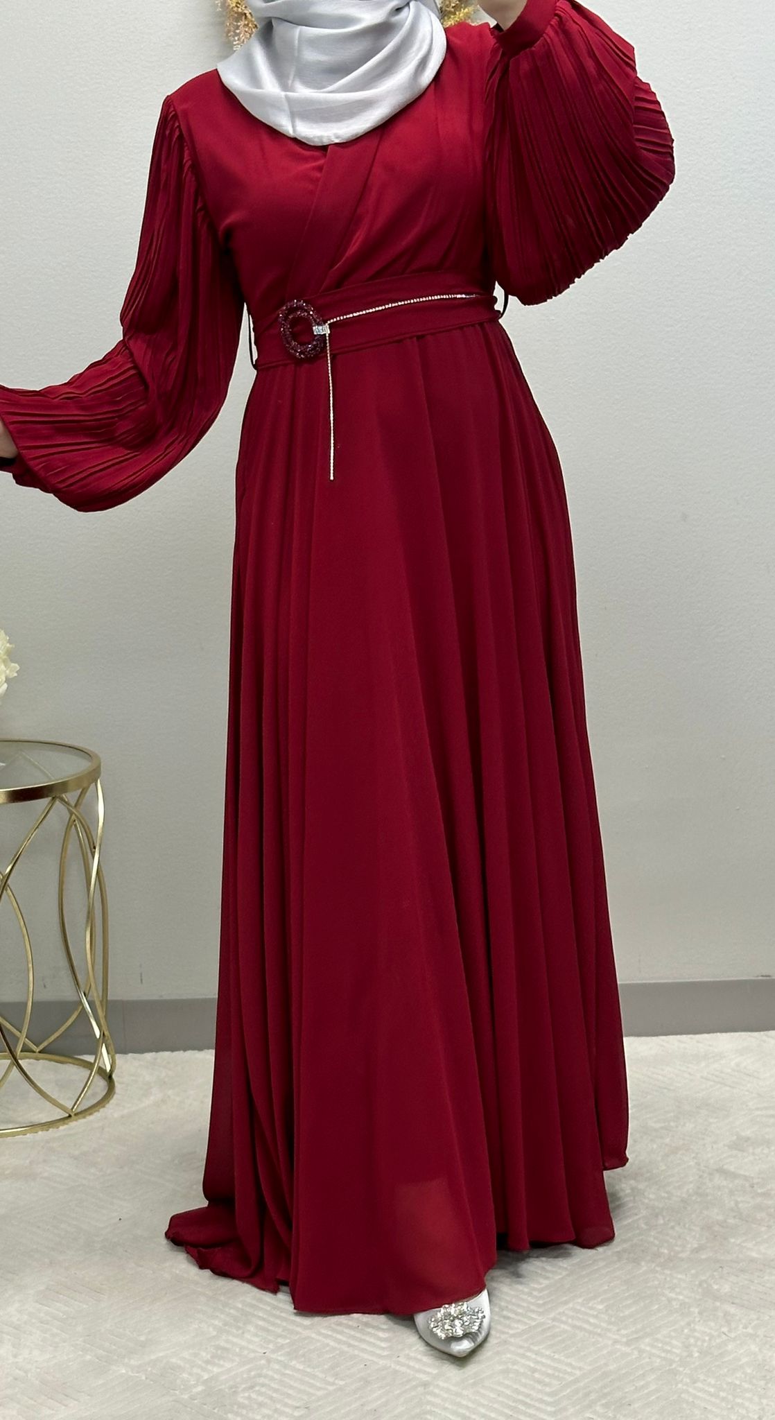 Elegant Chiffon Klosh Dress: Pleated Balloon Sleeves