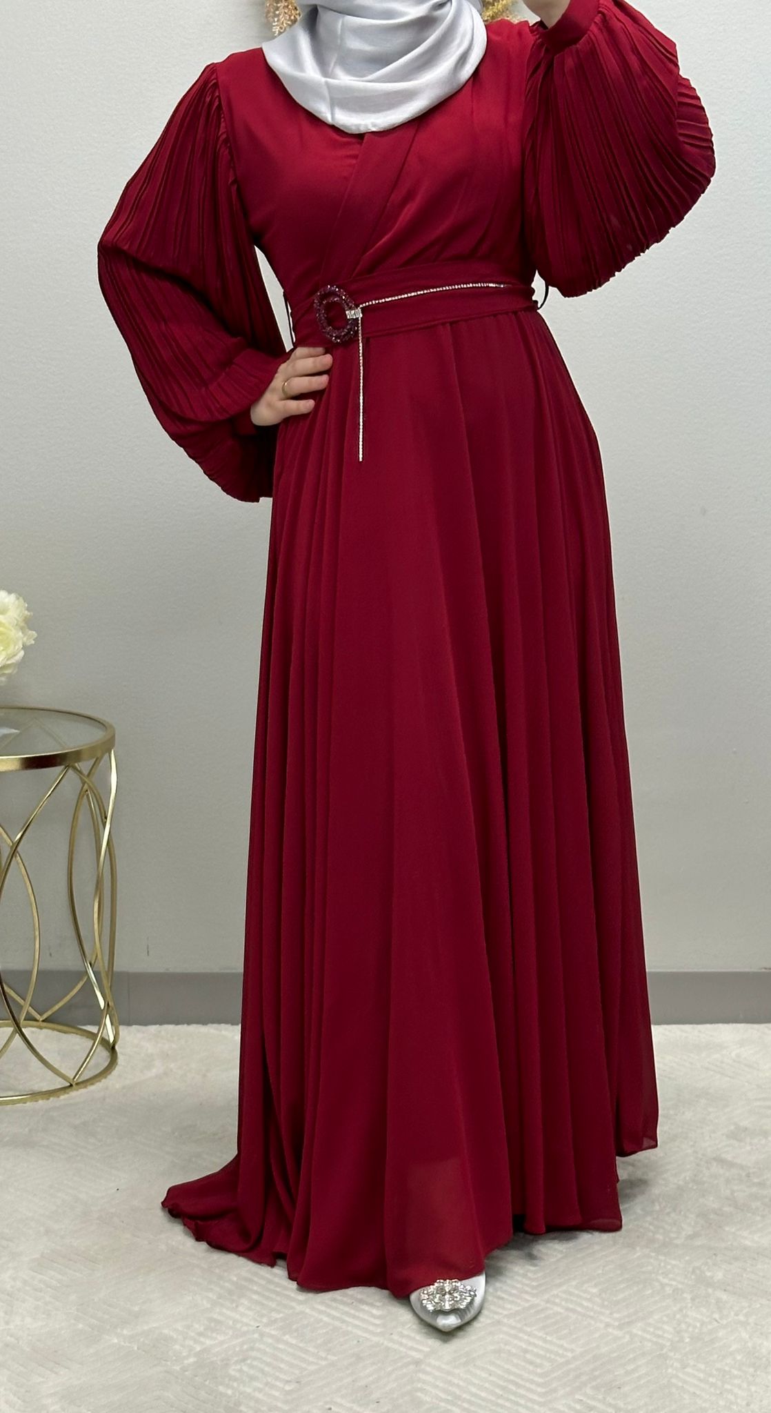 Elegant Chiffon Klosh Dress: Pleated Balloon Sleeves