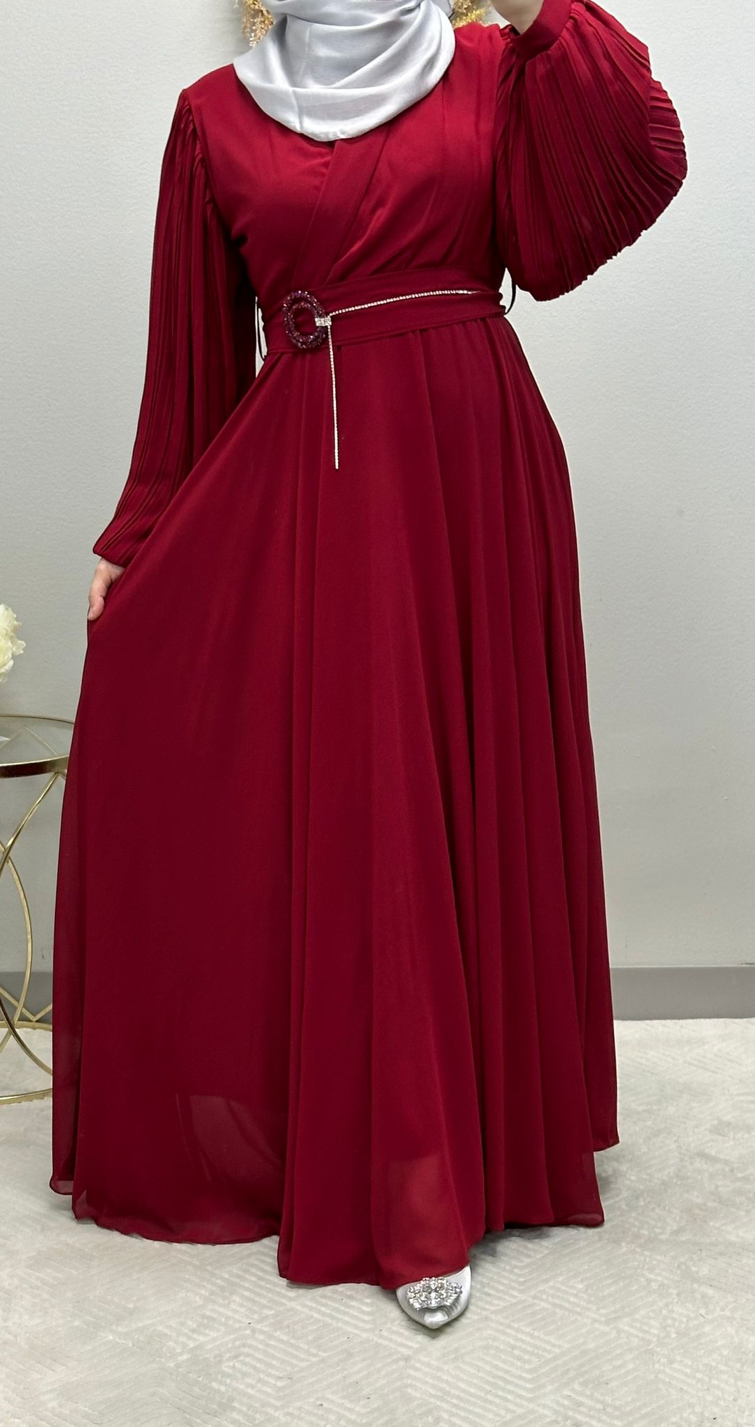 Elegant Chiffon Klosh Dress: Pleated Balloon Sleeves