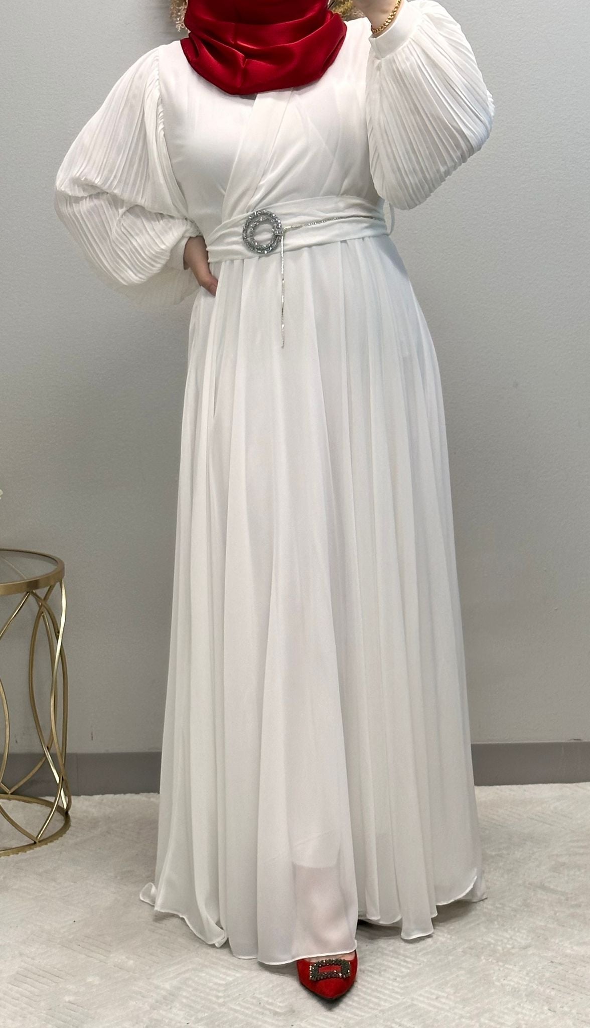 Elegant Chiffon Klosh Dress: Pleated Balloon Sleeves