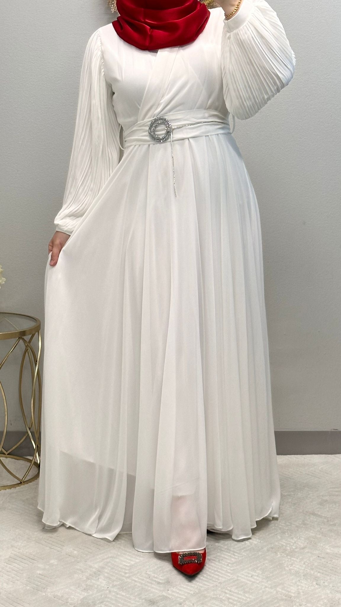 Elegant Chiffon Klosh Dress: Pleated Balloon Sleeves