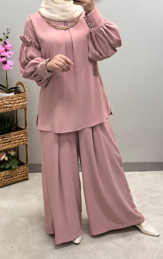 Two-piece set Ruffled Sleeve Top and Wide-Leg Elephant Style Pants