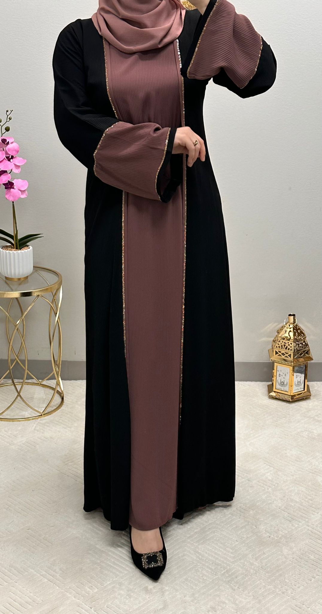 Two-pieces front strass open abaya