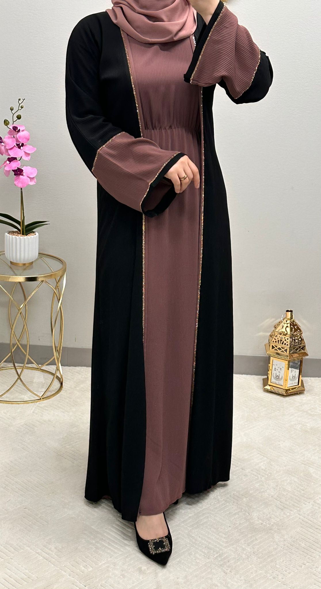 Two-pieces front strass open abaya