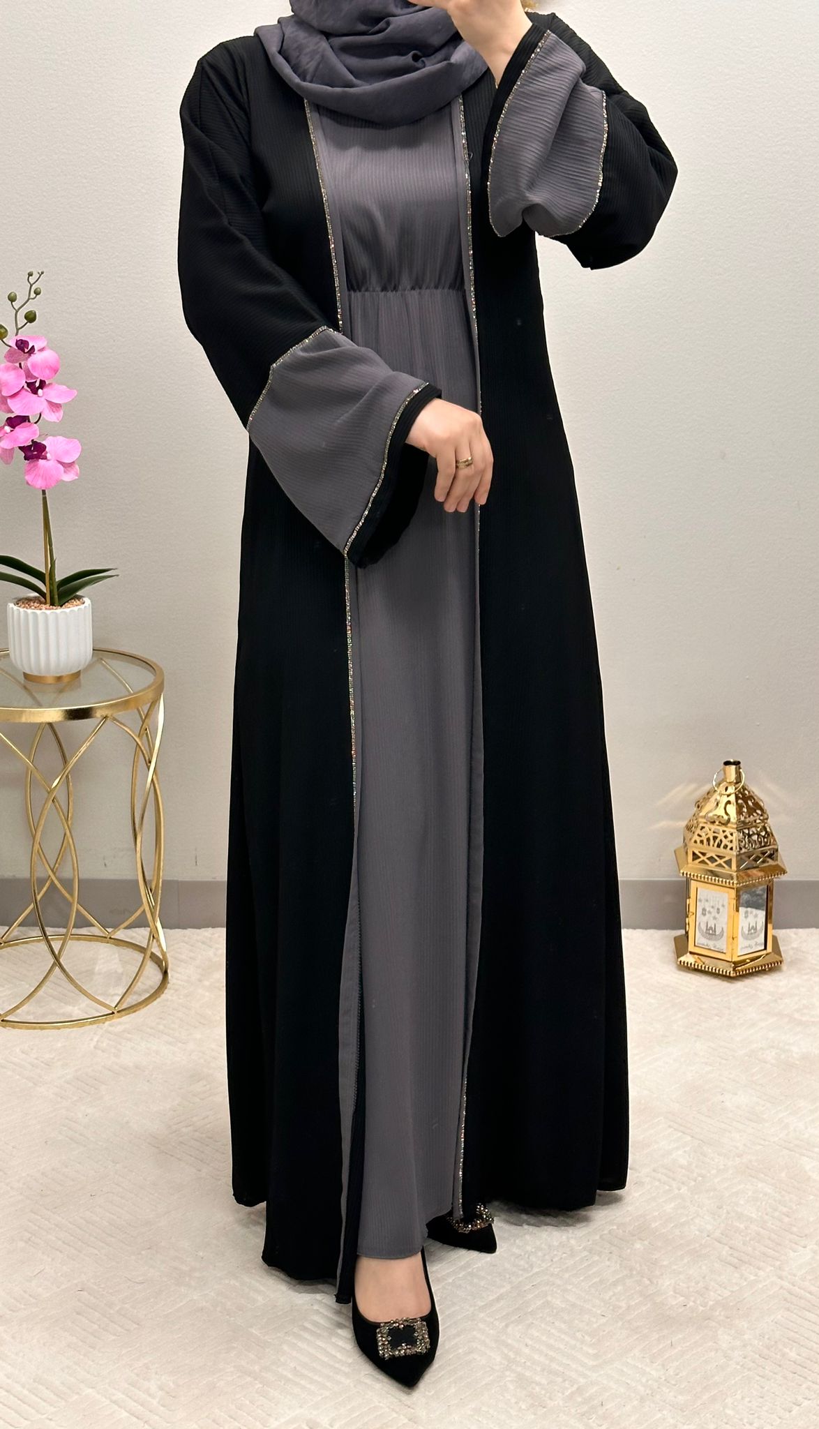 Two-pieces front strass open abaya