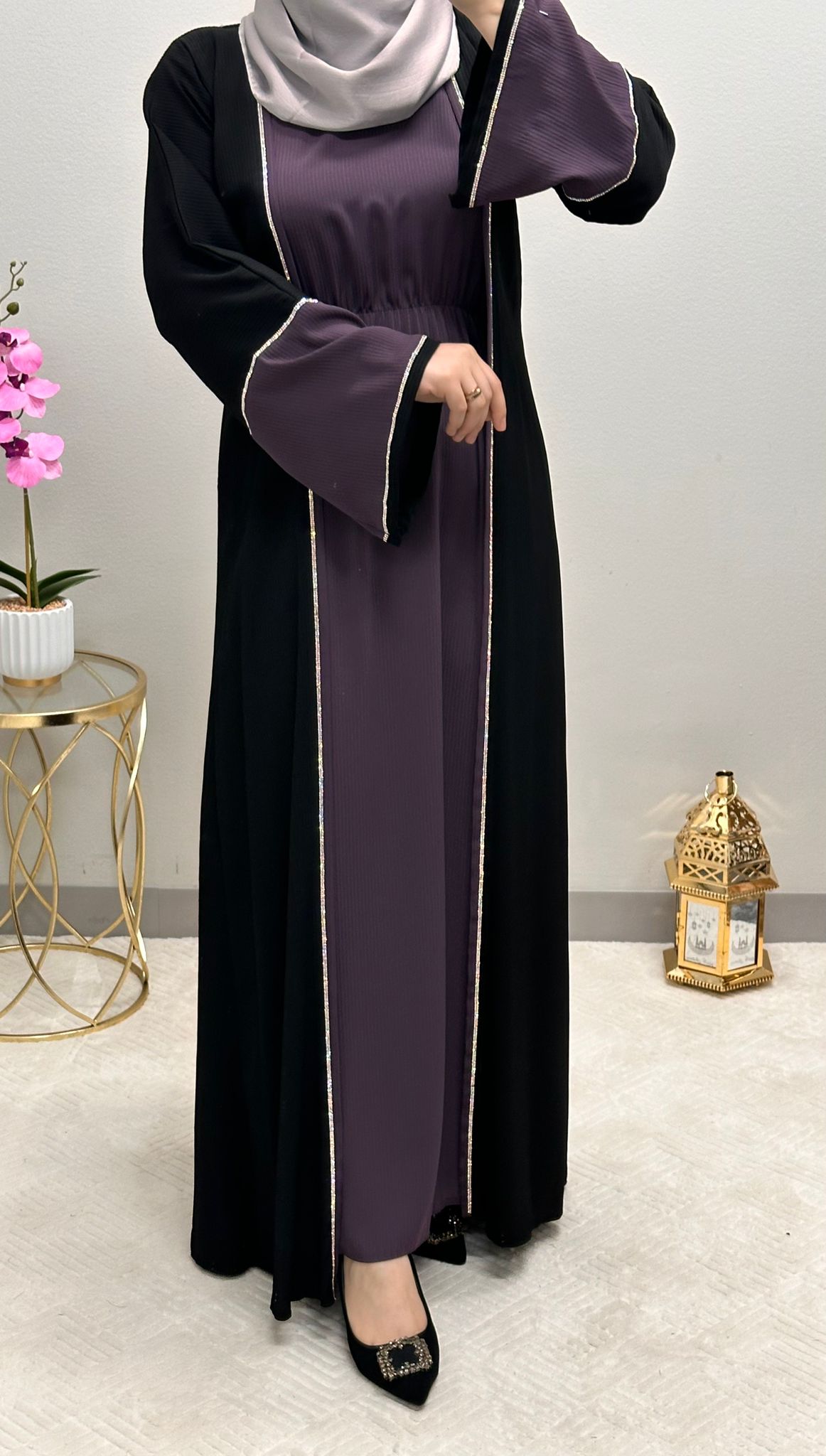 Two-pieces front strass open abaya