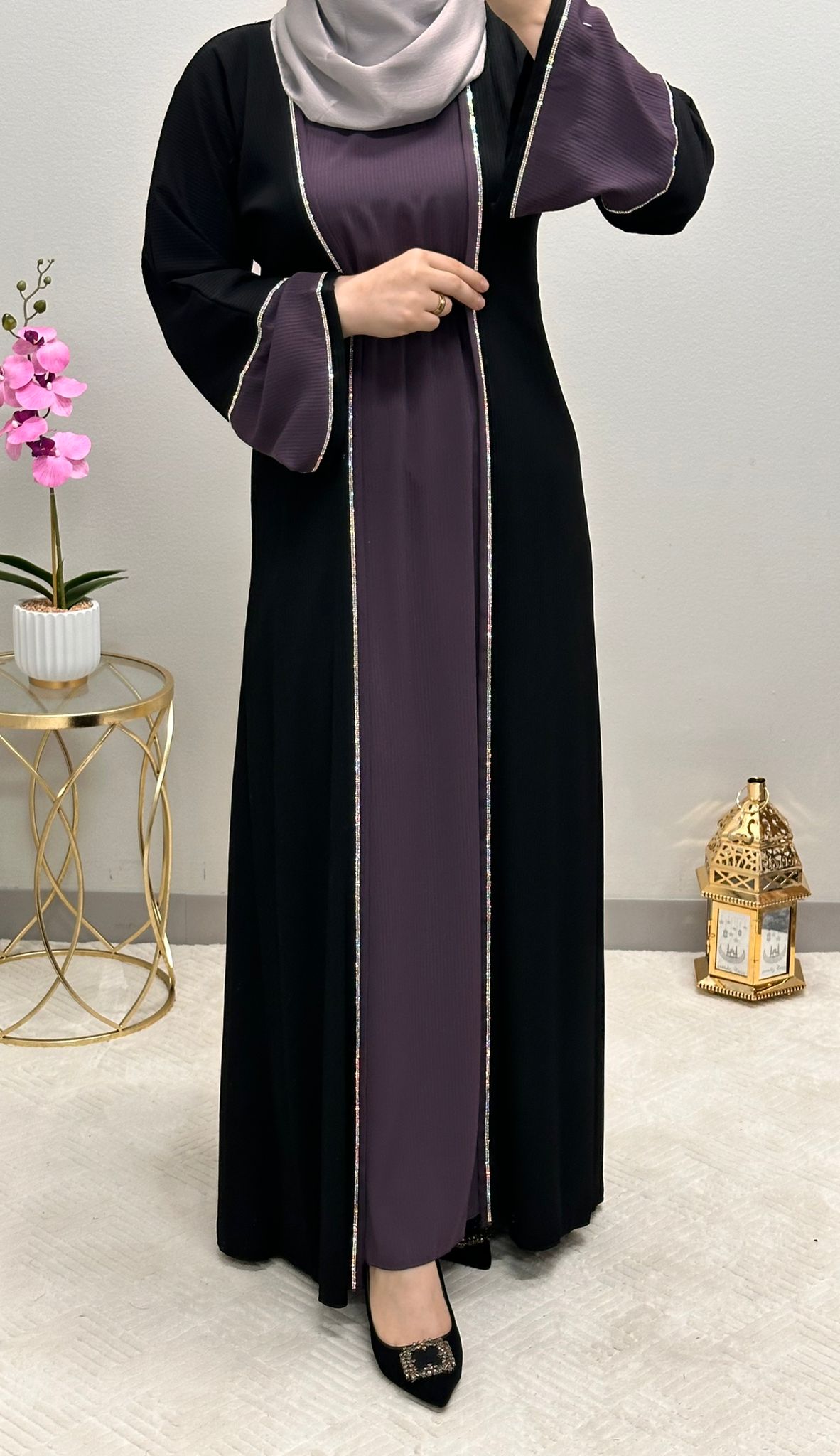 Two-pieces front strass open abaya