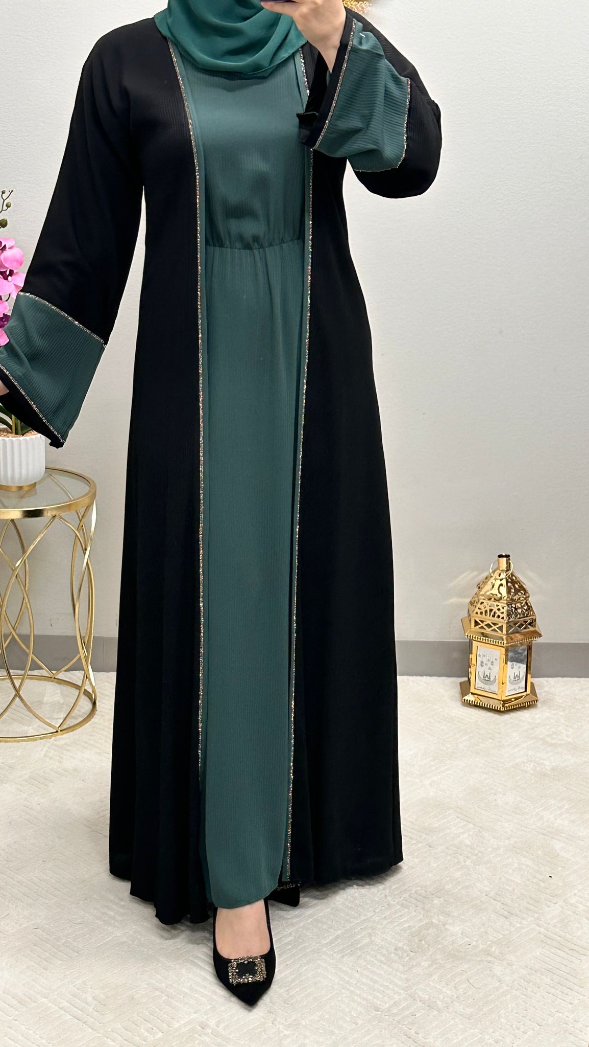 Two-pieces front strass open abaya