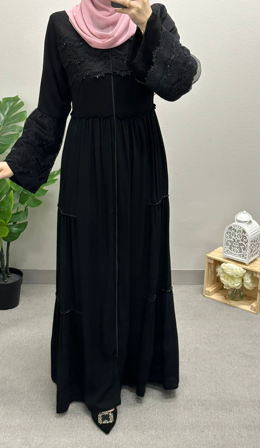 Black abaya front embroidered