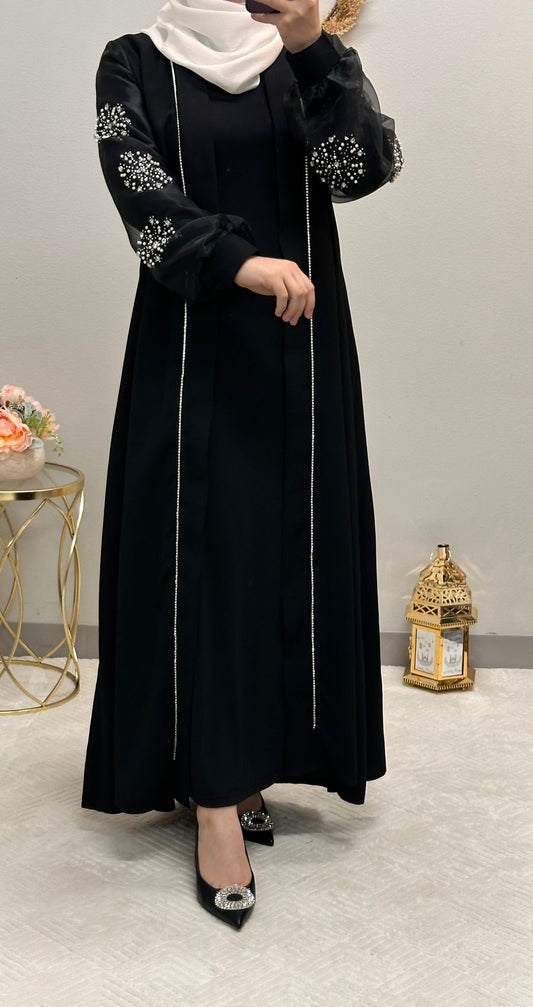 Two-piece organza open abaya flower strass