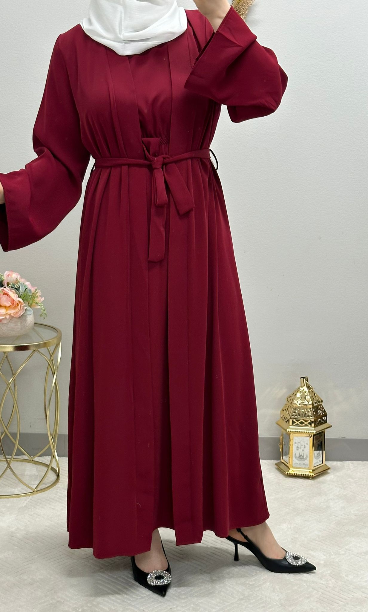 Two-piece plain open abaya with belt