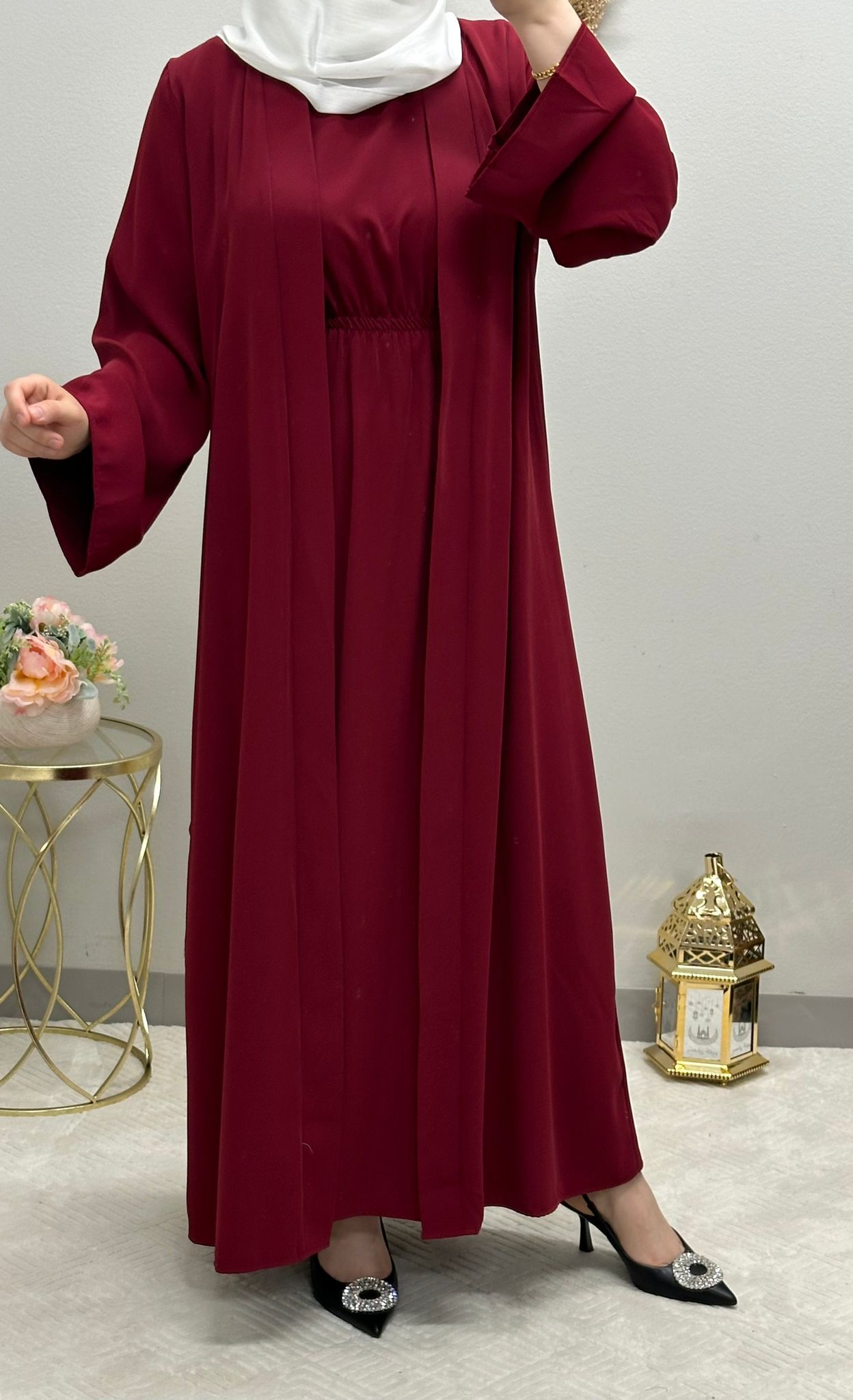 Two-piece plain open abaya with belt