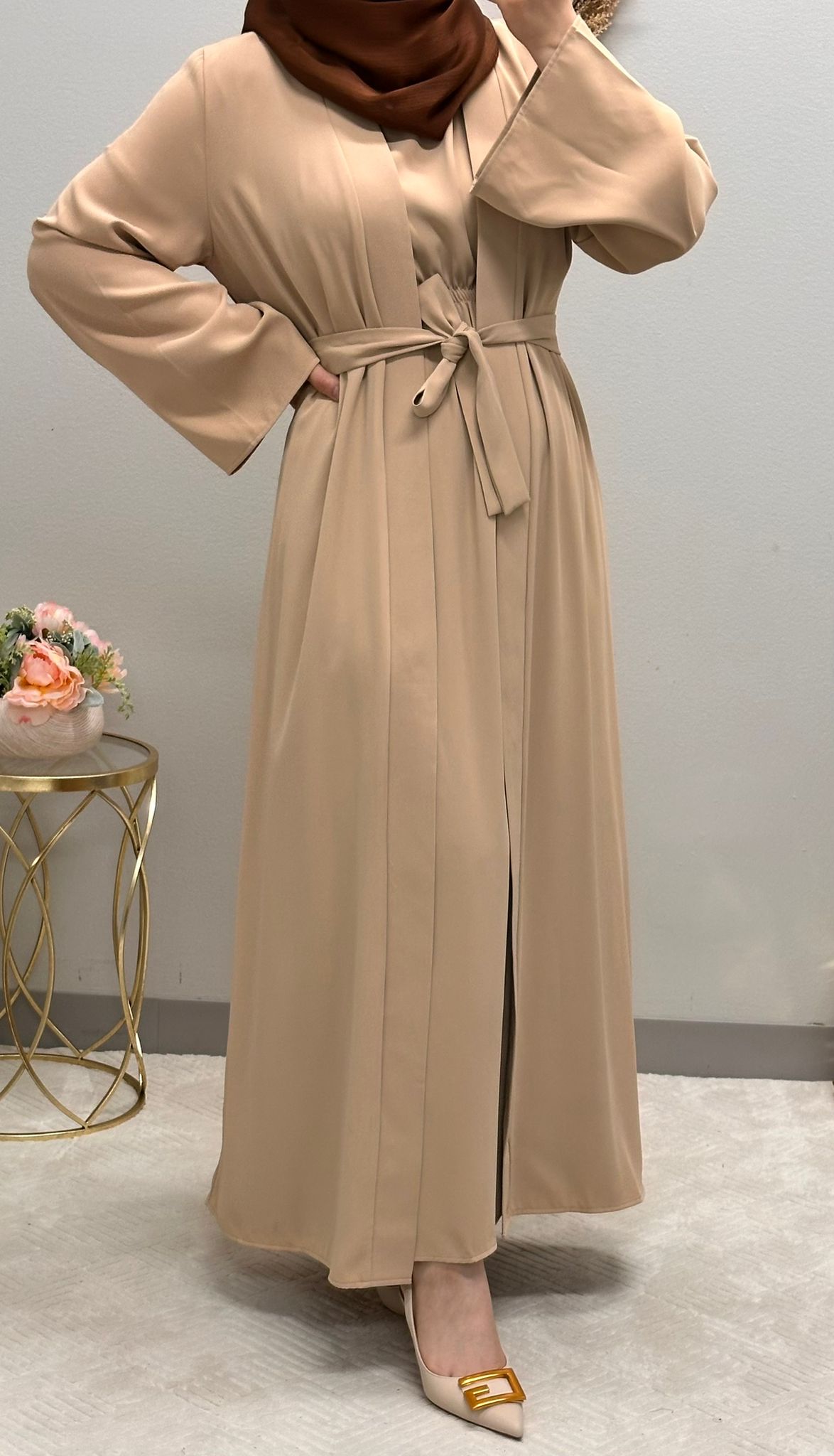 Two-piece plain open abaya with belt