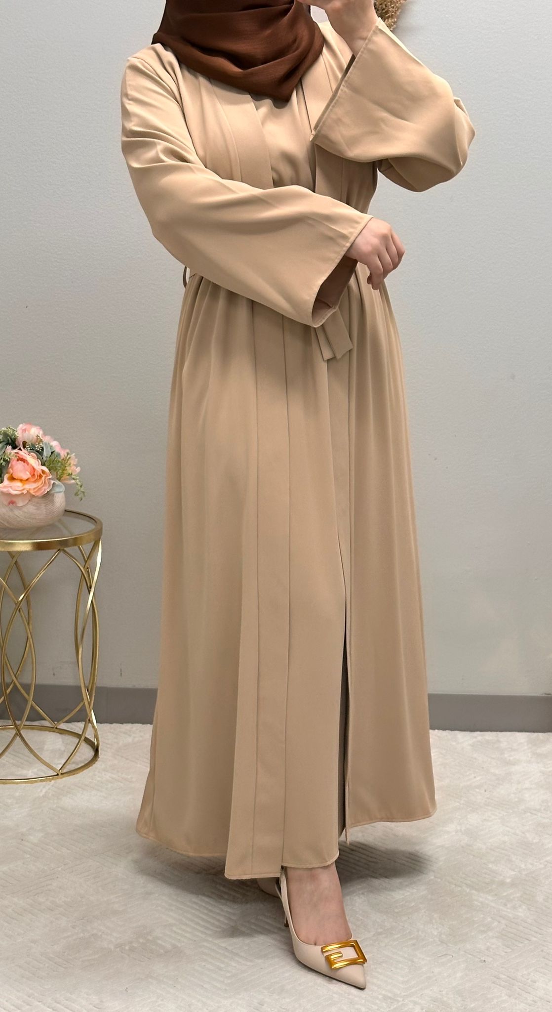 Two-piece plain open abaya with belt