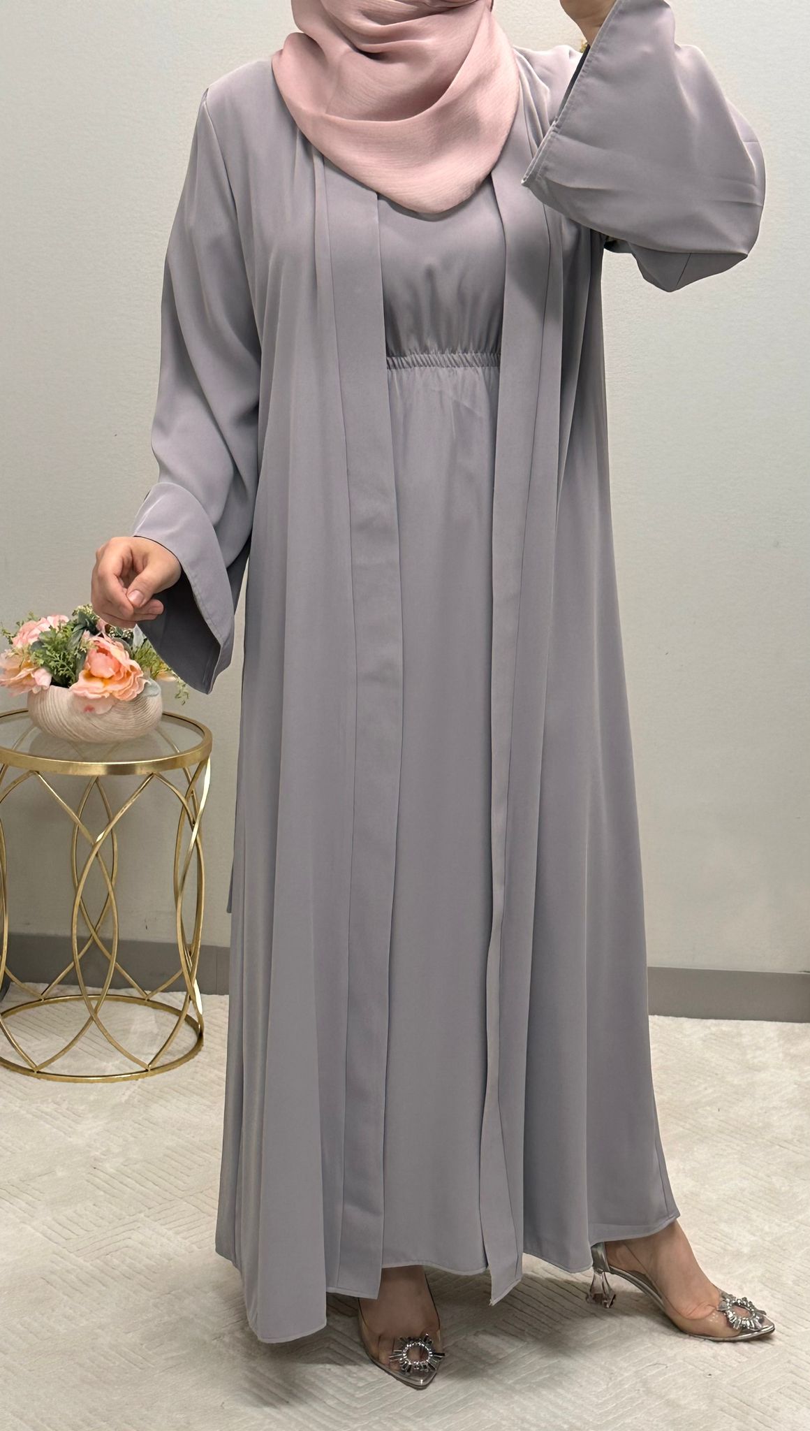 Two-piece plain open abaya with belt