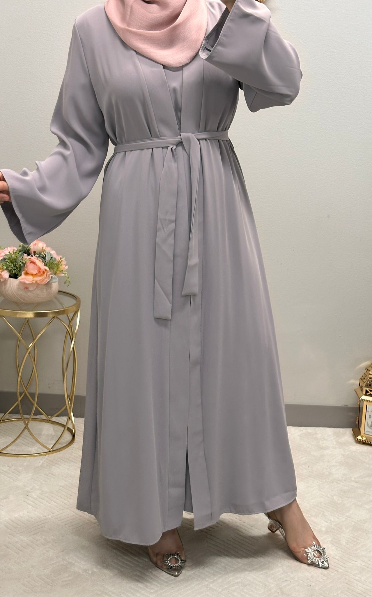 Two-piece plain open abaya with belt