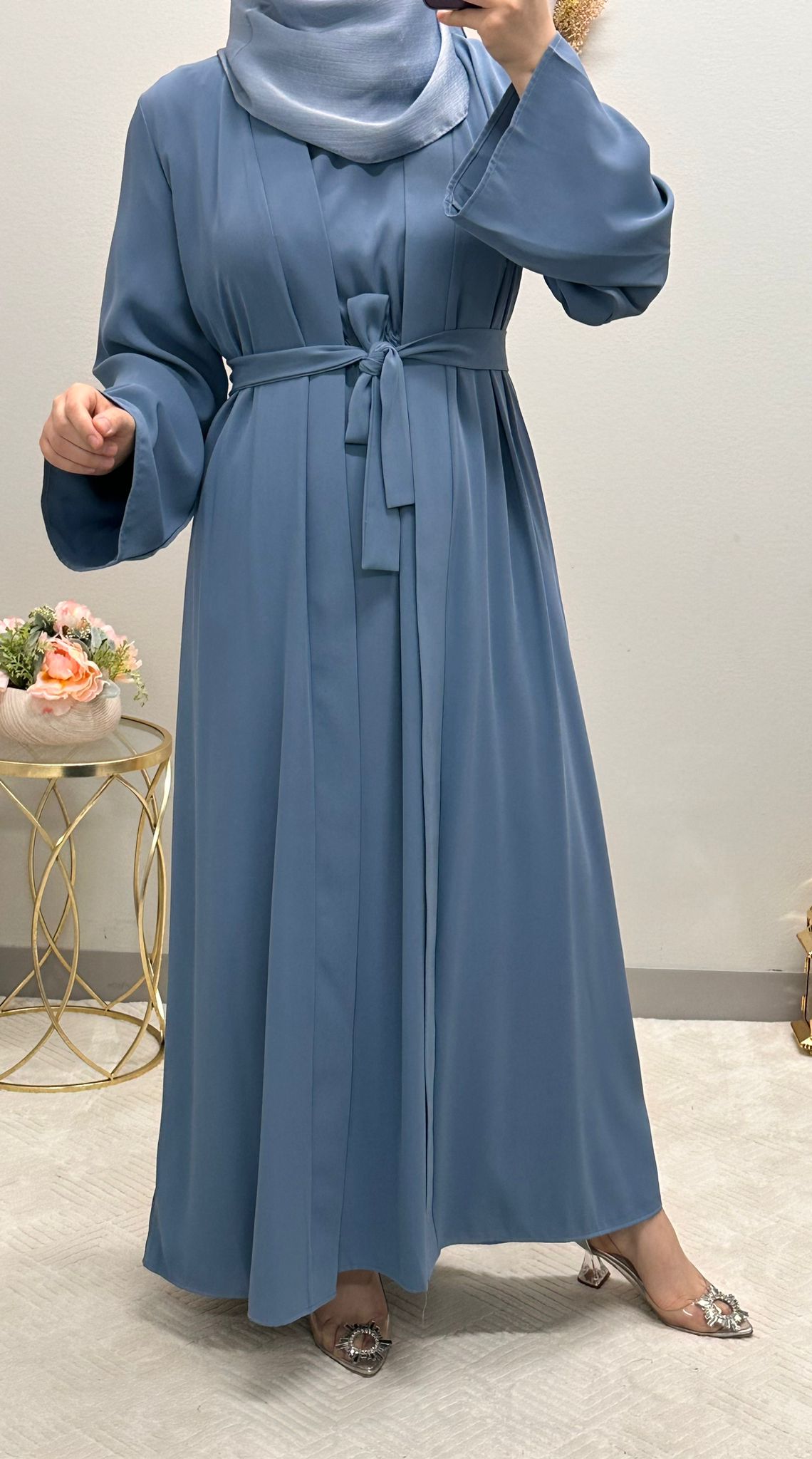 Two-piece plain open abaya with belt