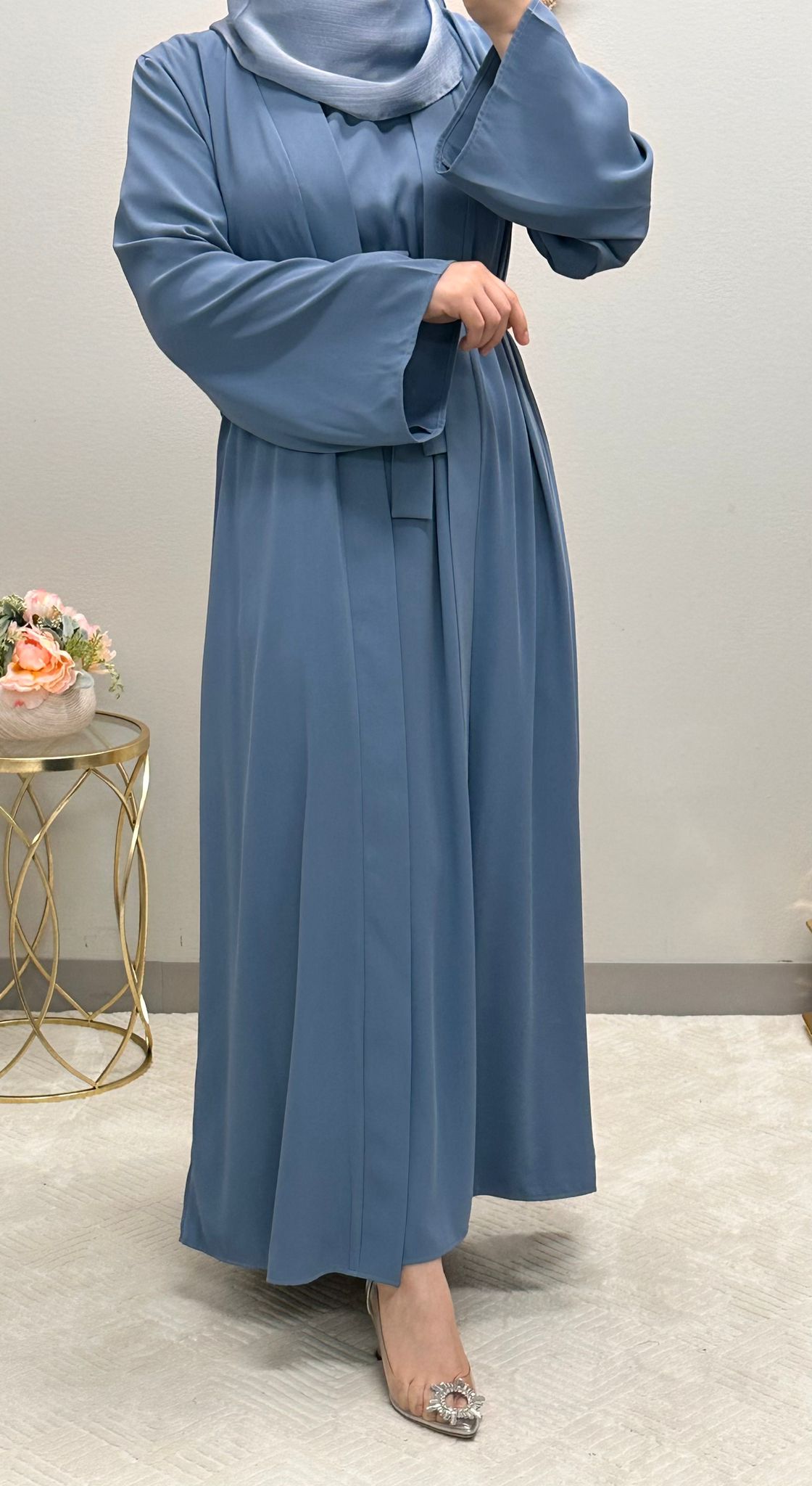 Two-piece plain open abaya with belt