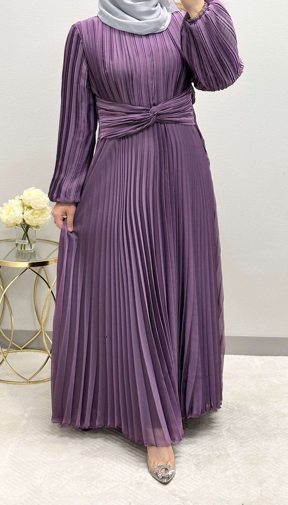 pleated satin dress with belt