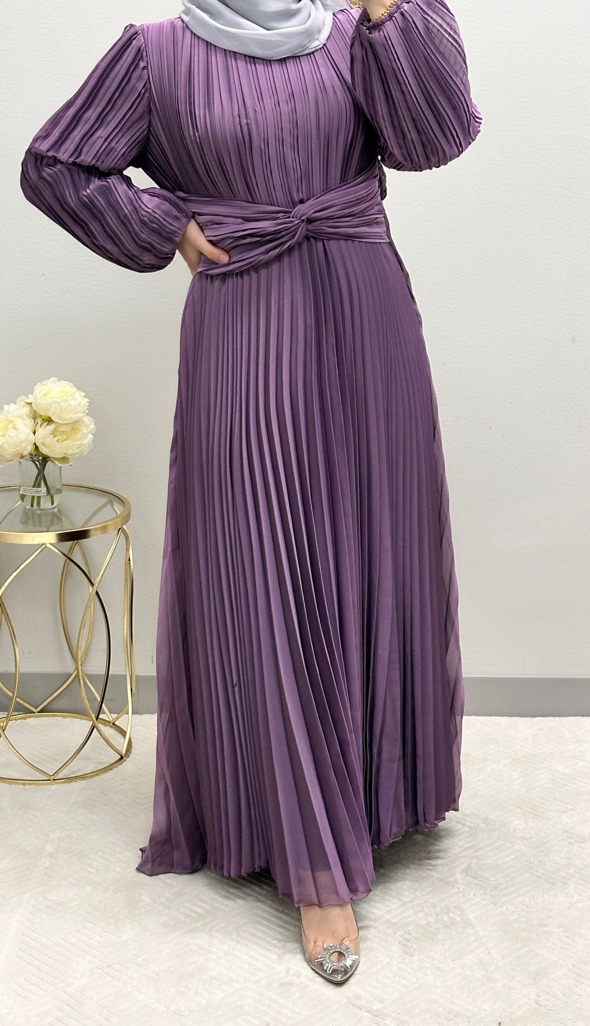 pleated satin dress with belt