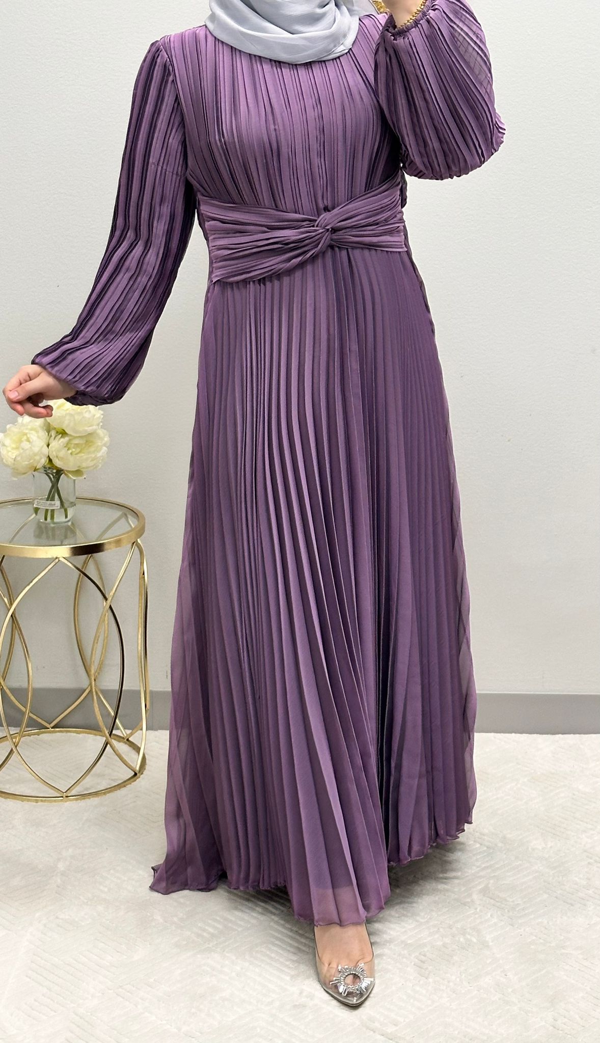 pleated satin dress with belt