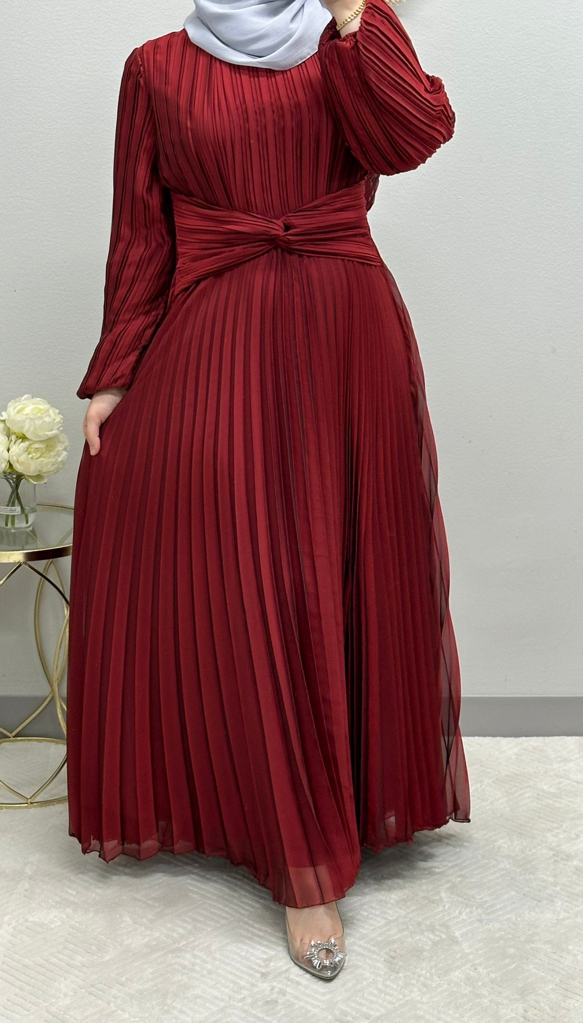 pleated satin dress with belt