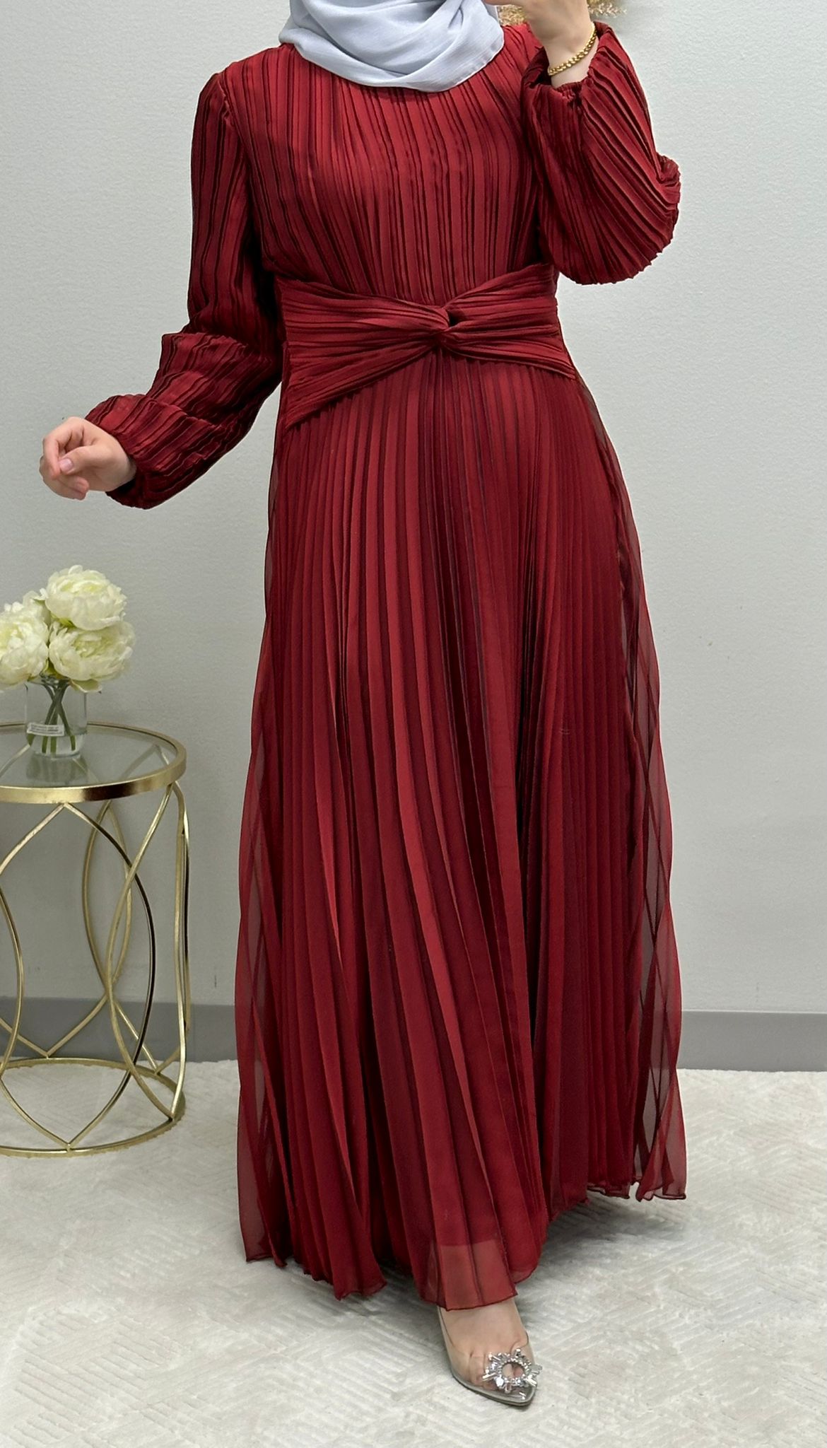 pleated satin dress with belt