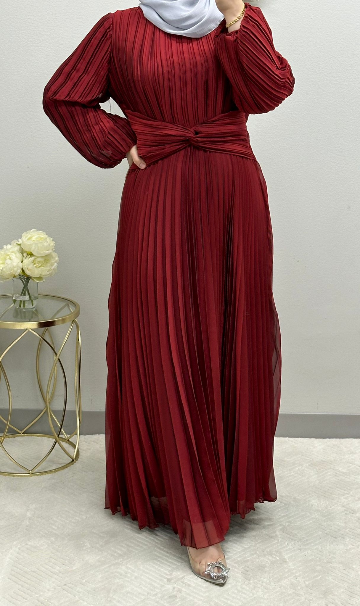 pleated satin dress with belt