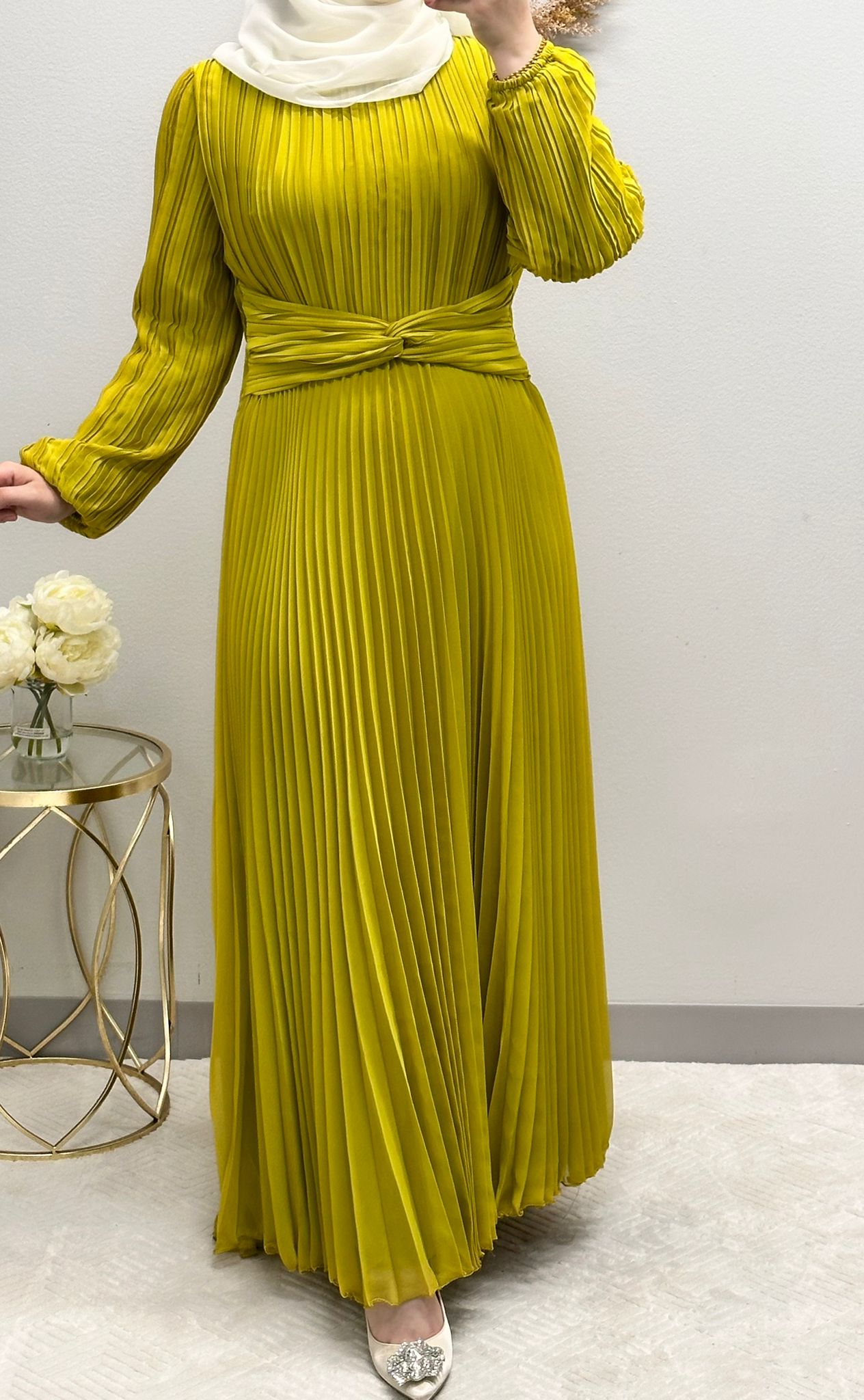 pleated satin dress with belt