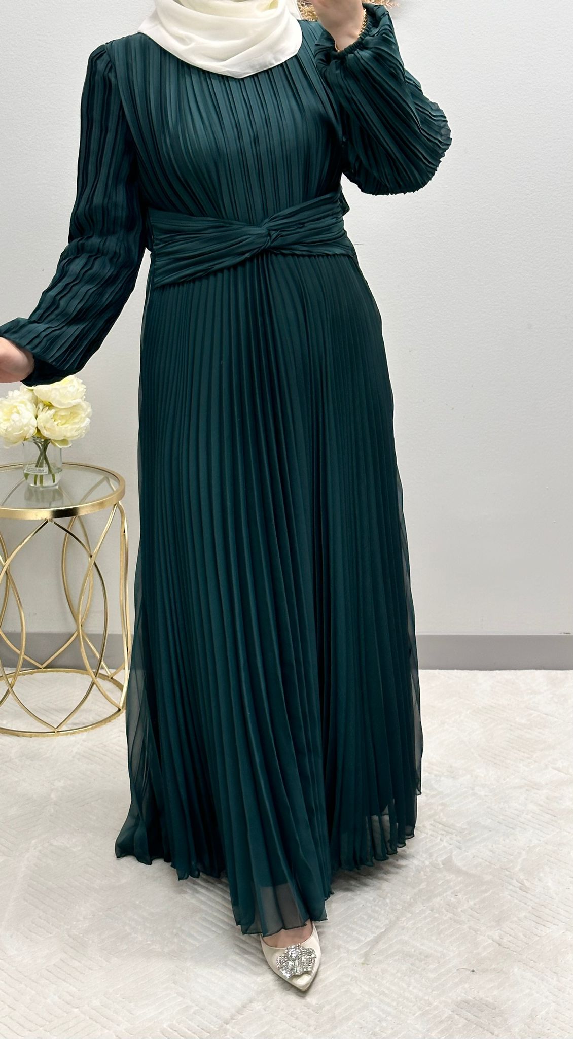 pleated satin dress with belt