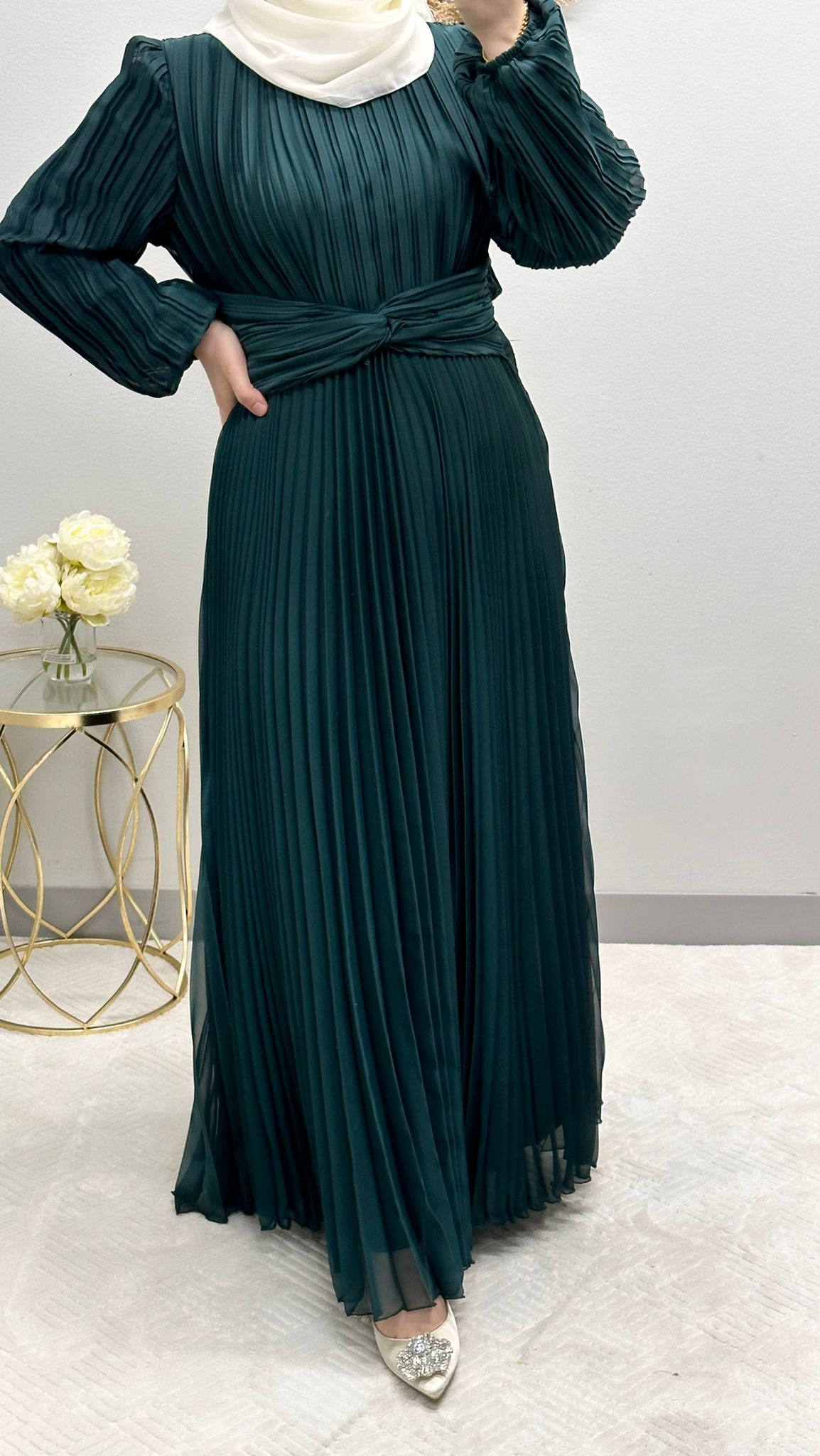 pleated satin dress with belt