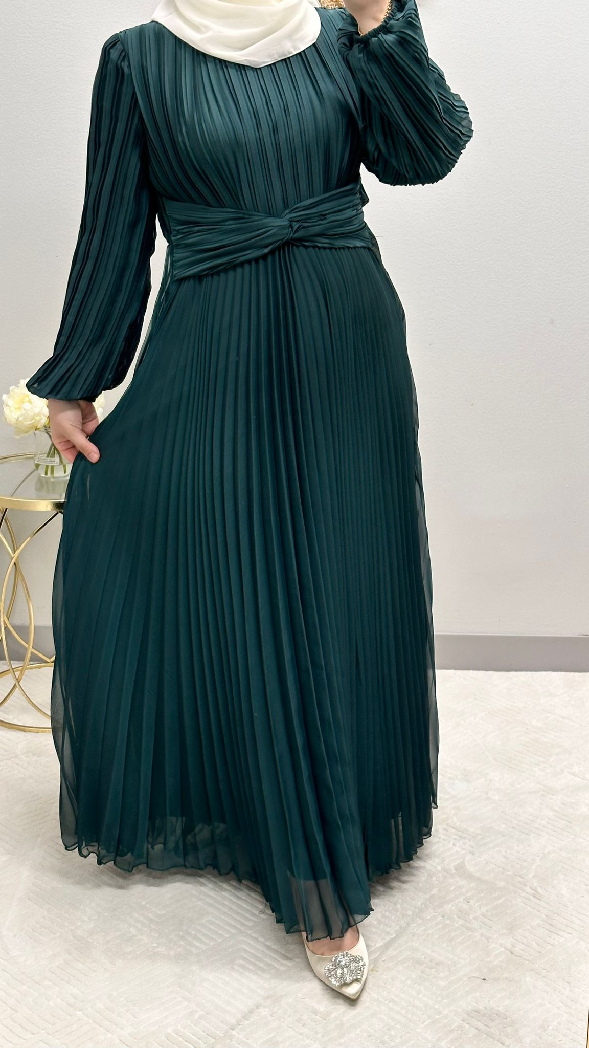 pleated satin dress with belt