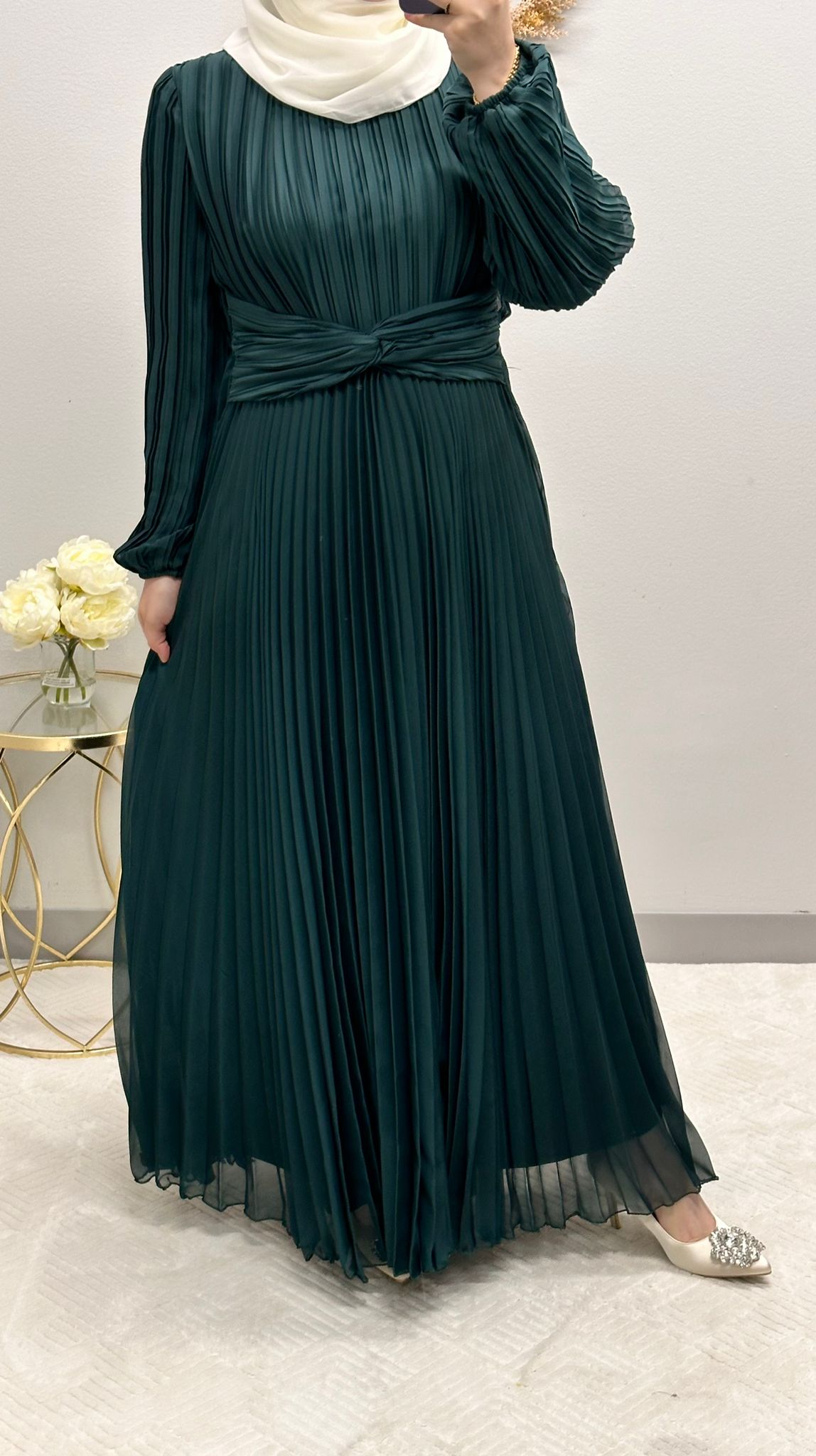 pleated satin dress with belt