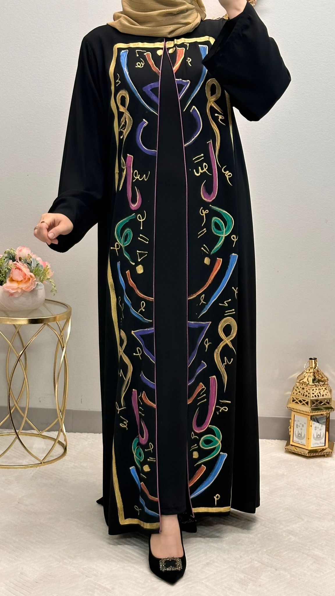 Arabic letters adorned open abaya