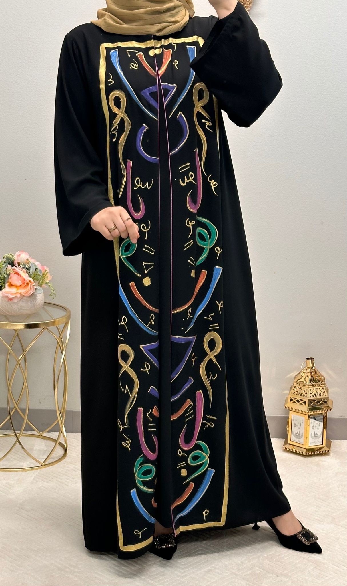 Arabic letters adorned open abaya