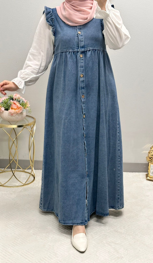 Jeans dress with white shirt underneath