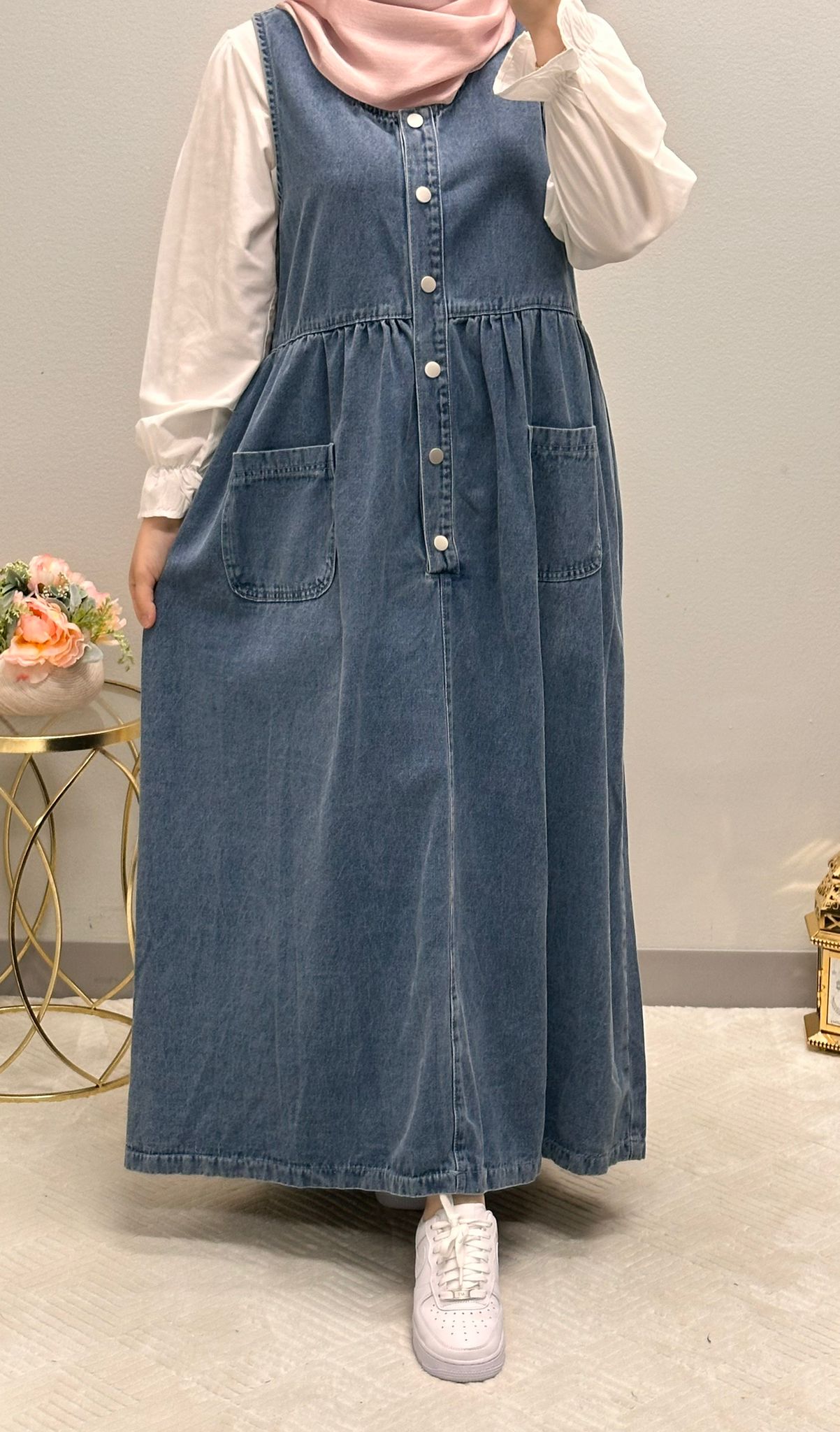 Two-pieces jeans dress with white shirt underneath