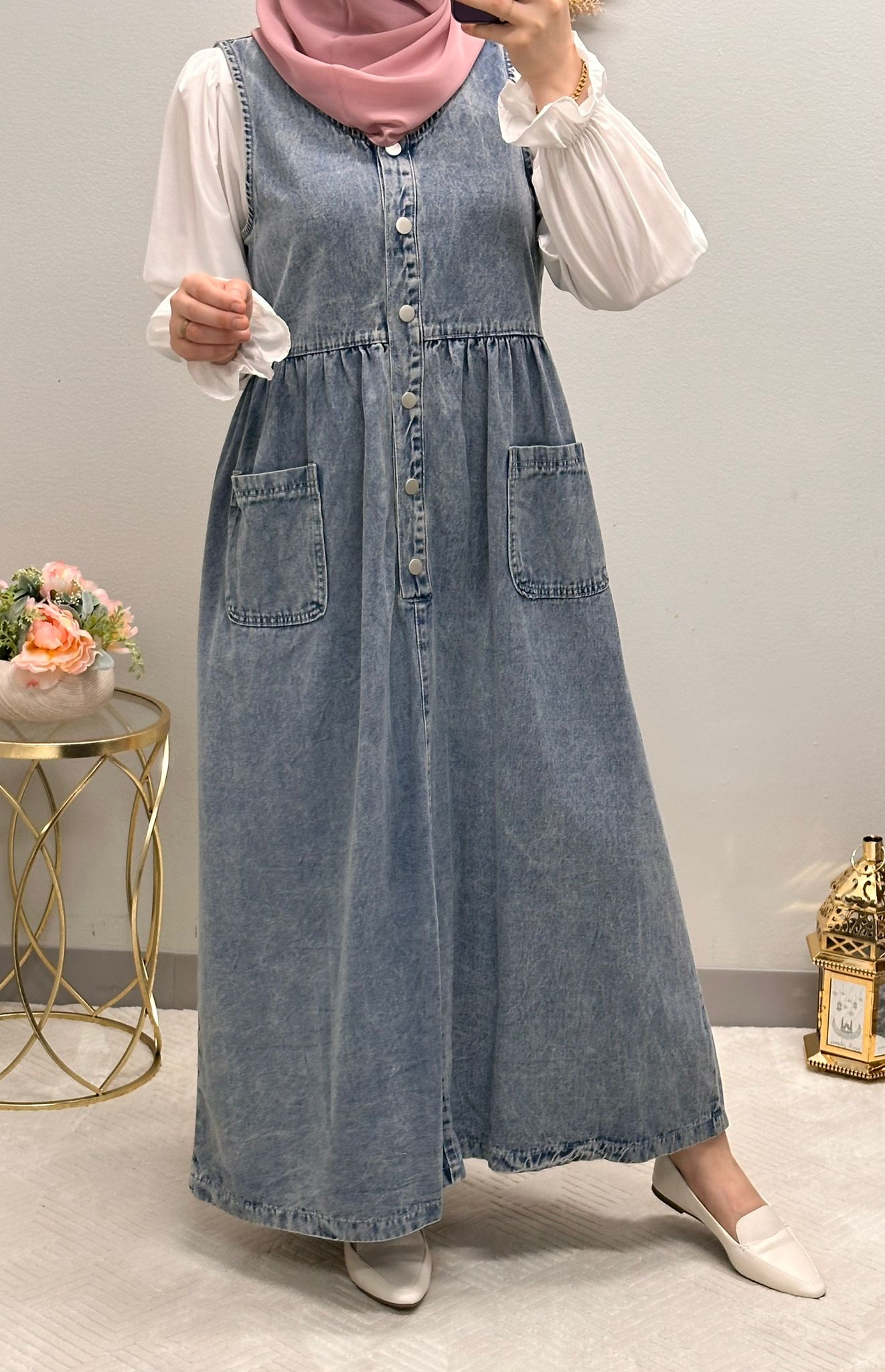 Two-pieces jeans dress with white shirt underneath