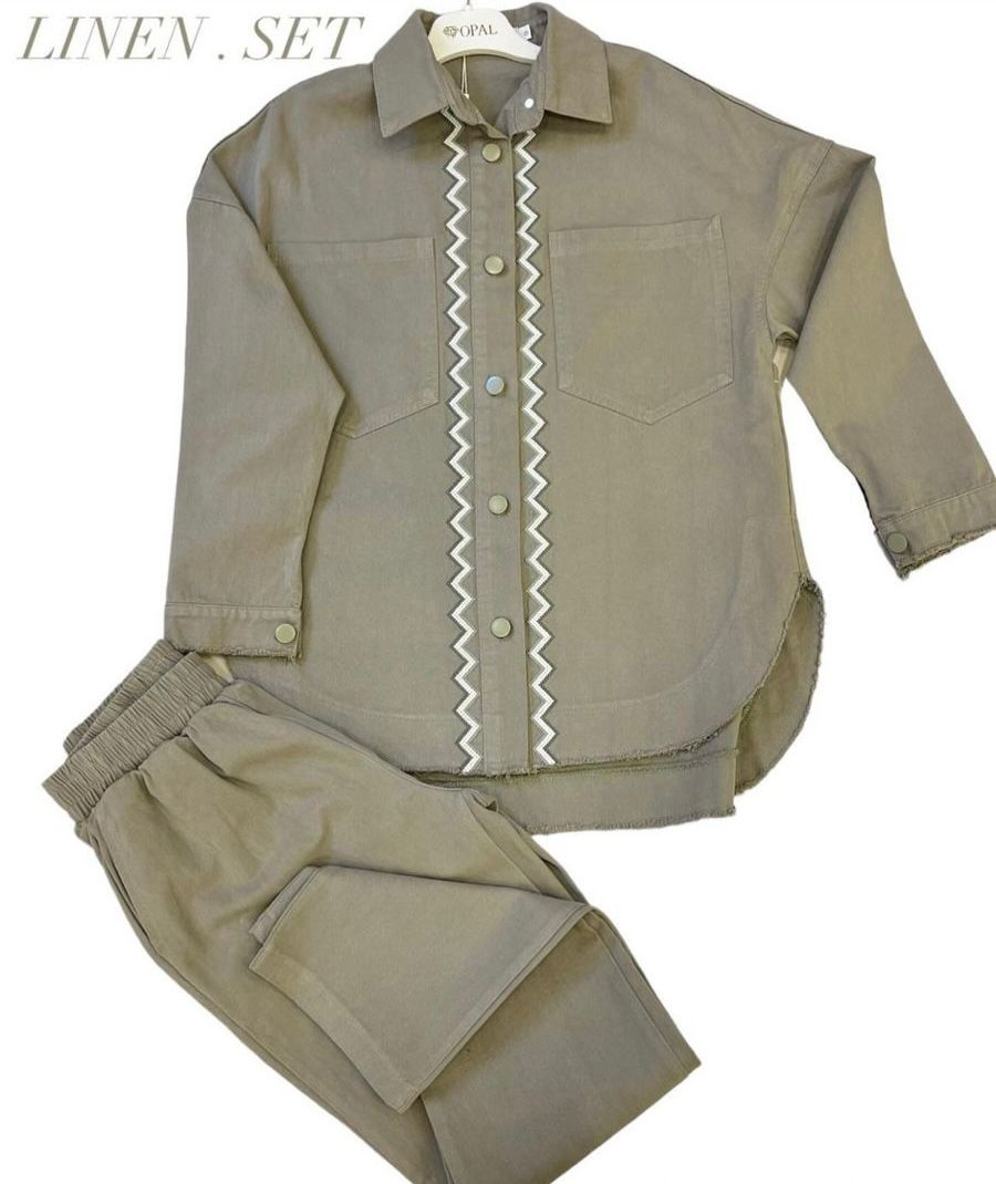 Two- piece Linen flax set front embroidered