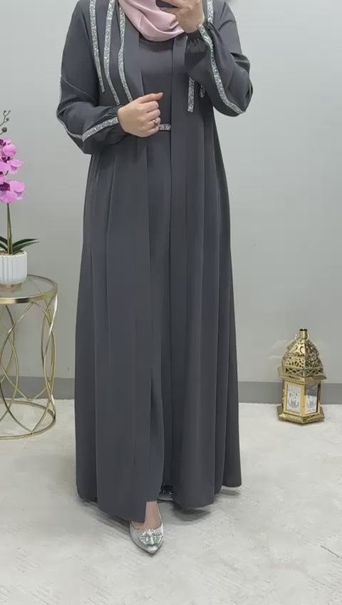 Two-piece front strass open Abaya set